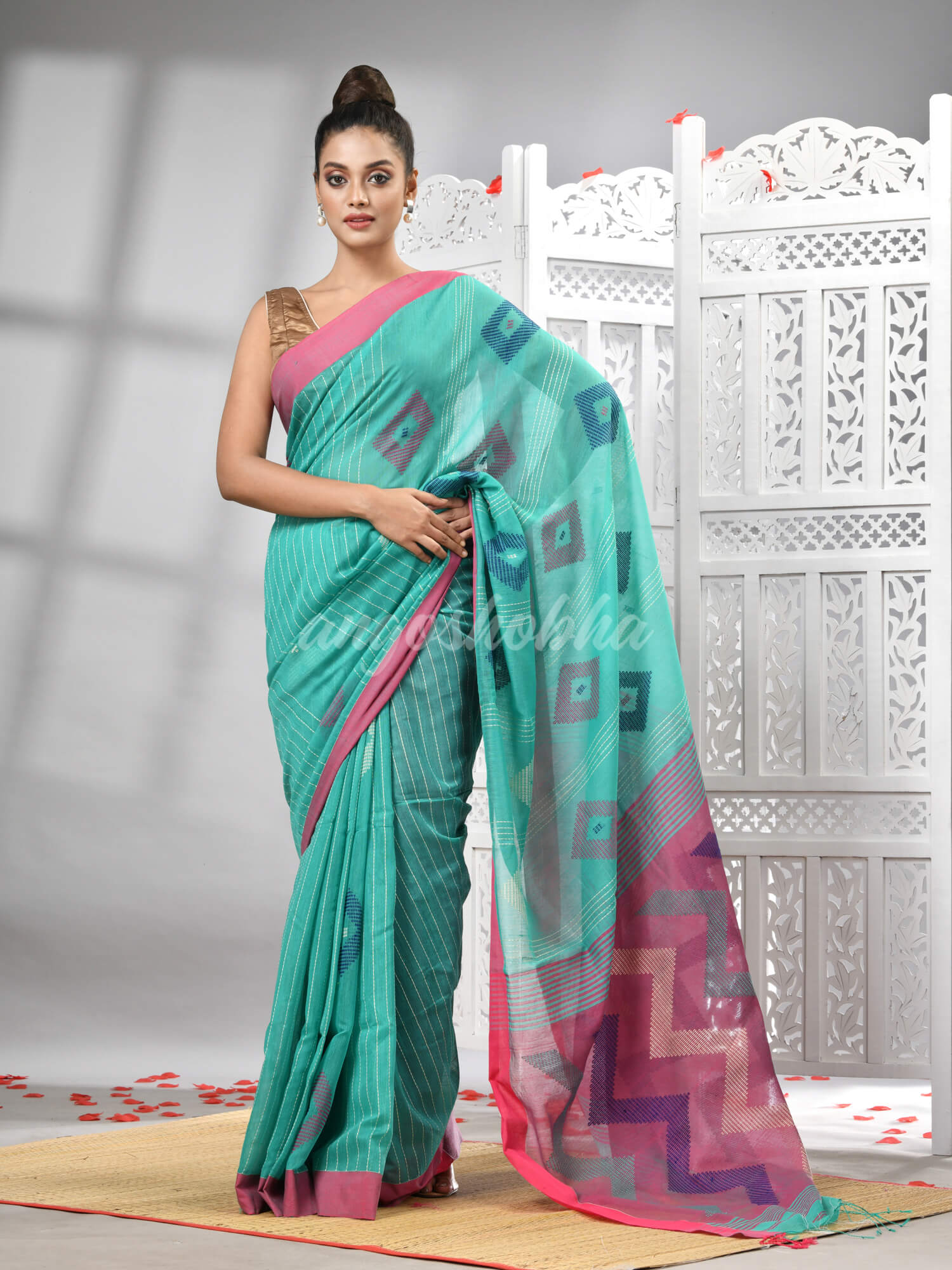Firoza Cotton Blend All Body Motive With Rani Pallu Handloom Saree
