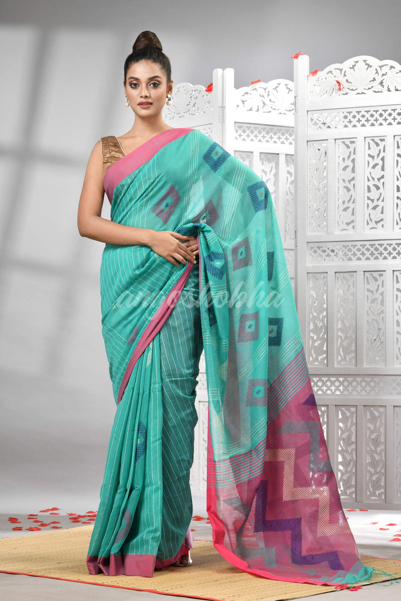 Firoza Cotton Blend All Body Motive With Rani Pallu Handloom Saree