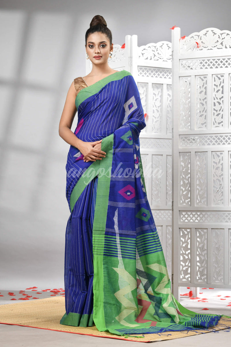 Blue Cotton Blend All Body Motive With Green Pallu Handloom Saree