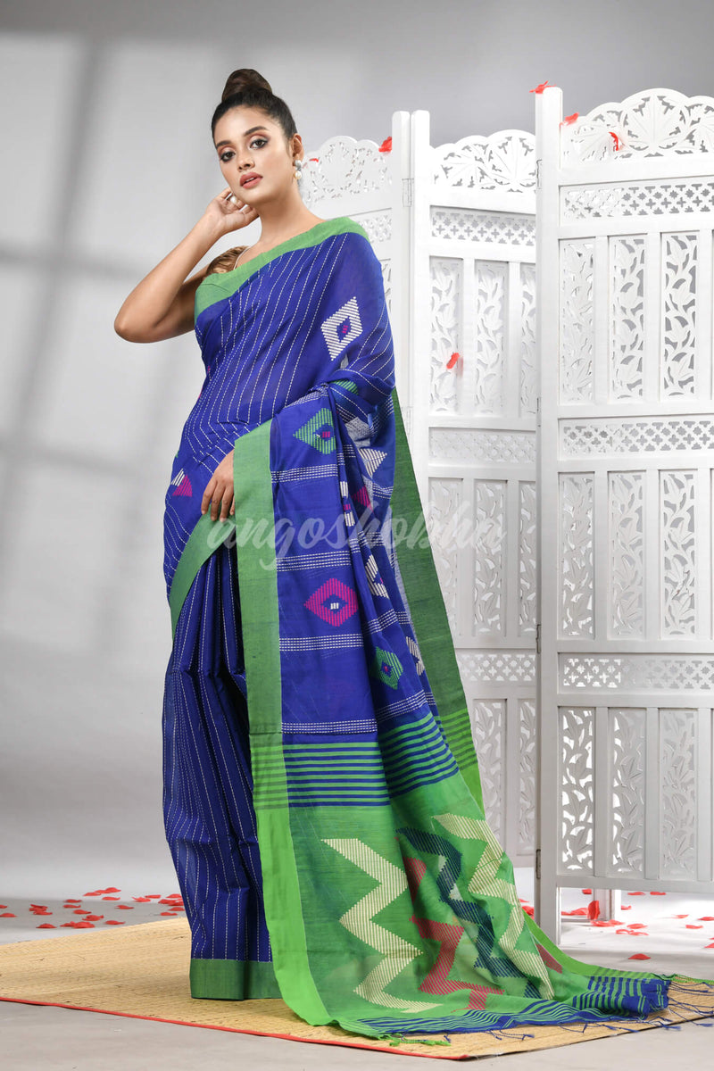 Blue Cotton Blend All Body Motive With Green Pallu Handloom Saree