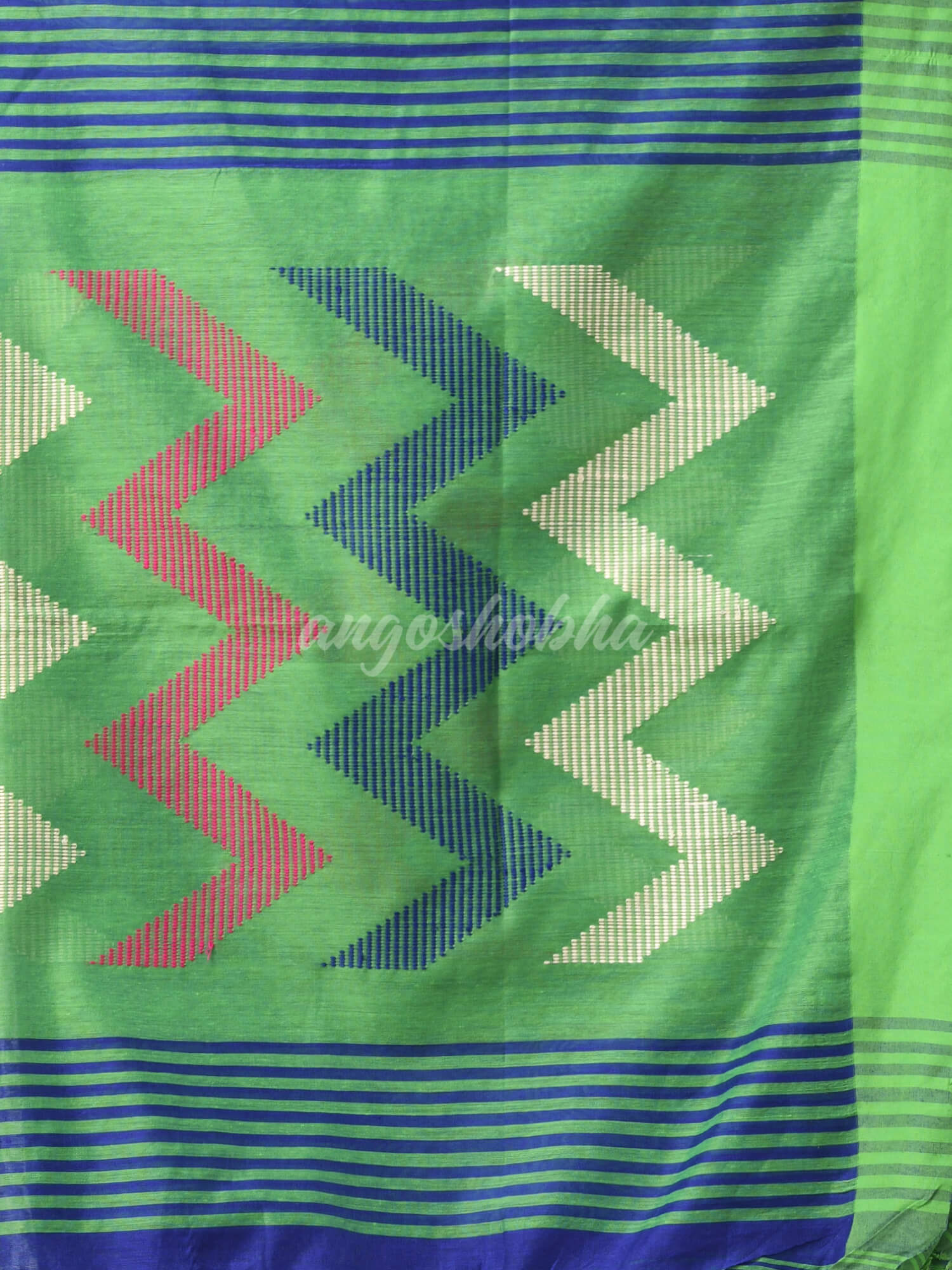 Blue Cotton Blend All Body Motive With Green Pallu Handloom Saree