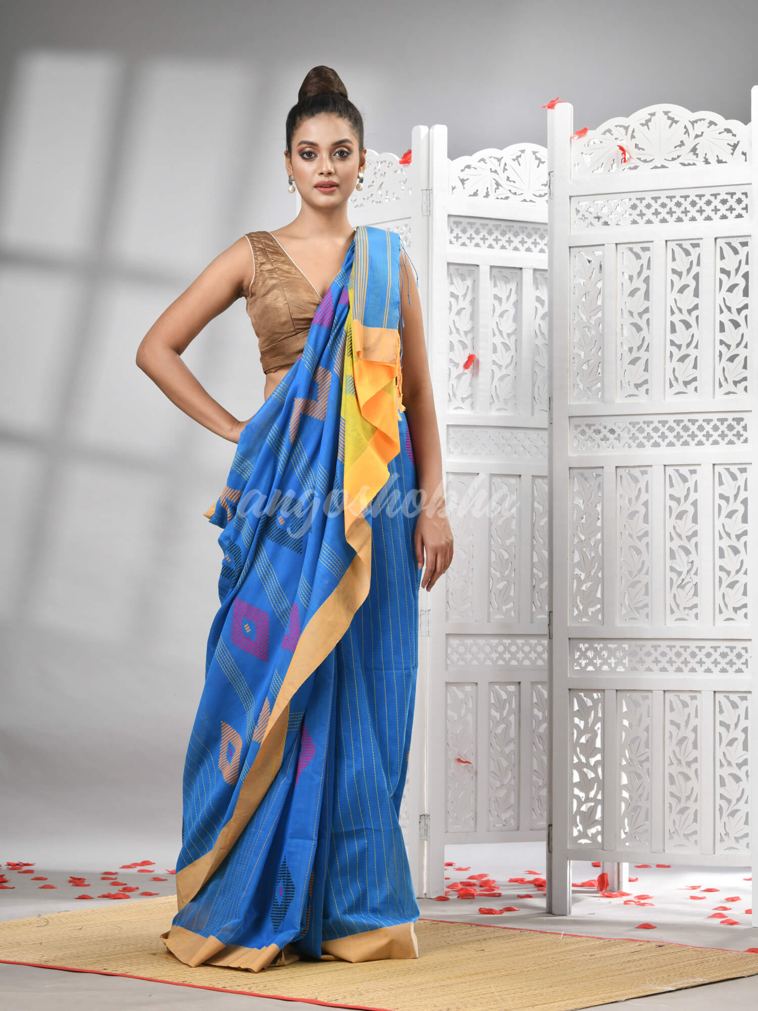 Sky Blue Cotton Blend All Body Motive With Yellow Pallu Handloom Saree