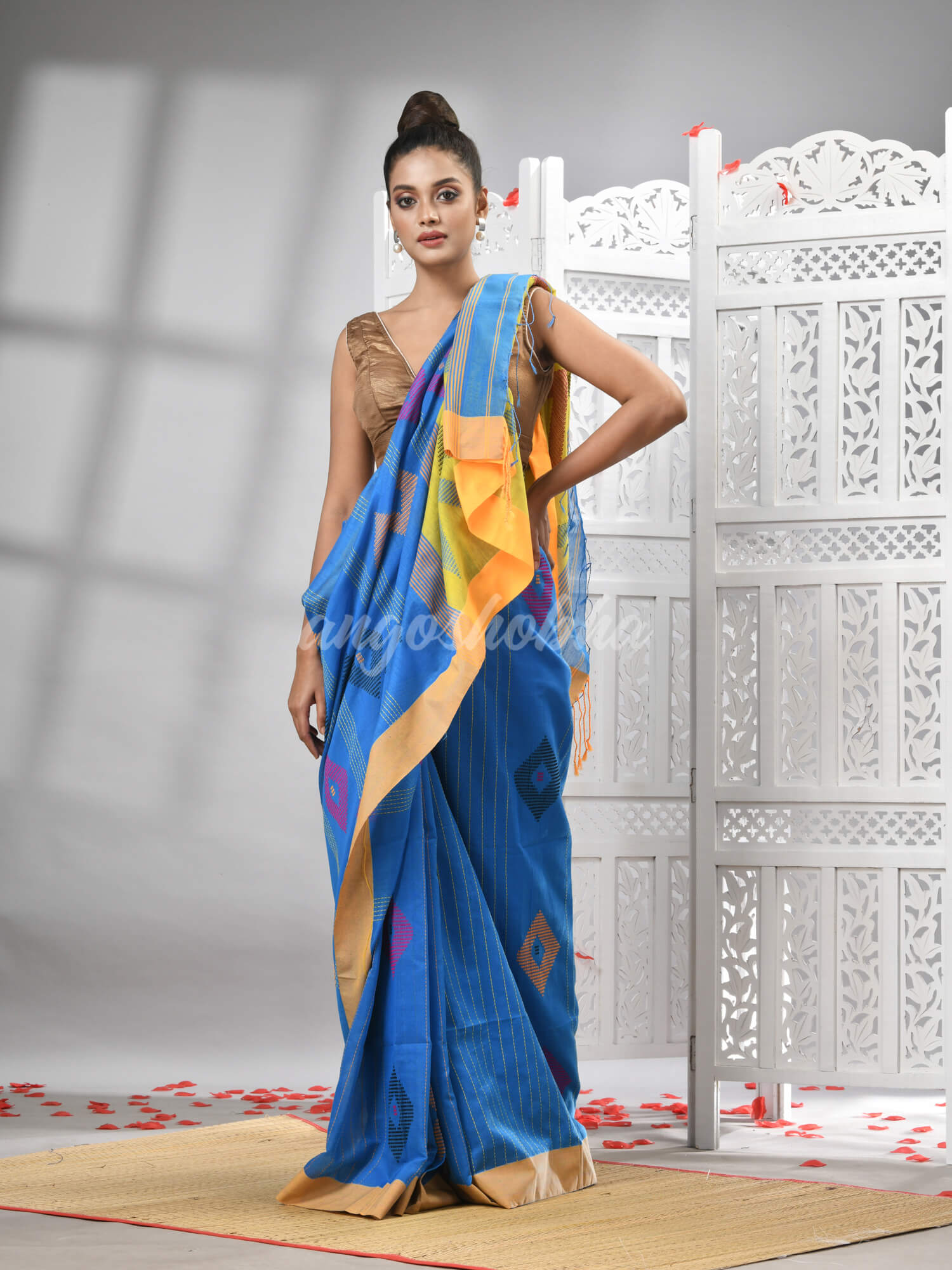 Sky Blue Cotton Blend All Body Motive With Yellow Pallu Handloom Saree