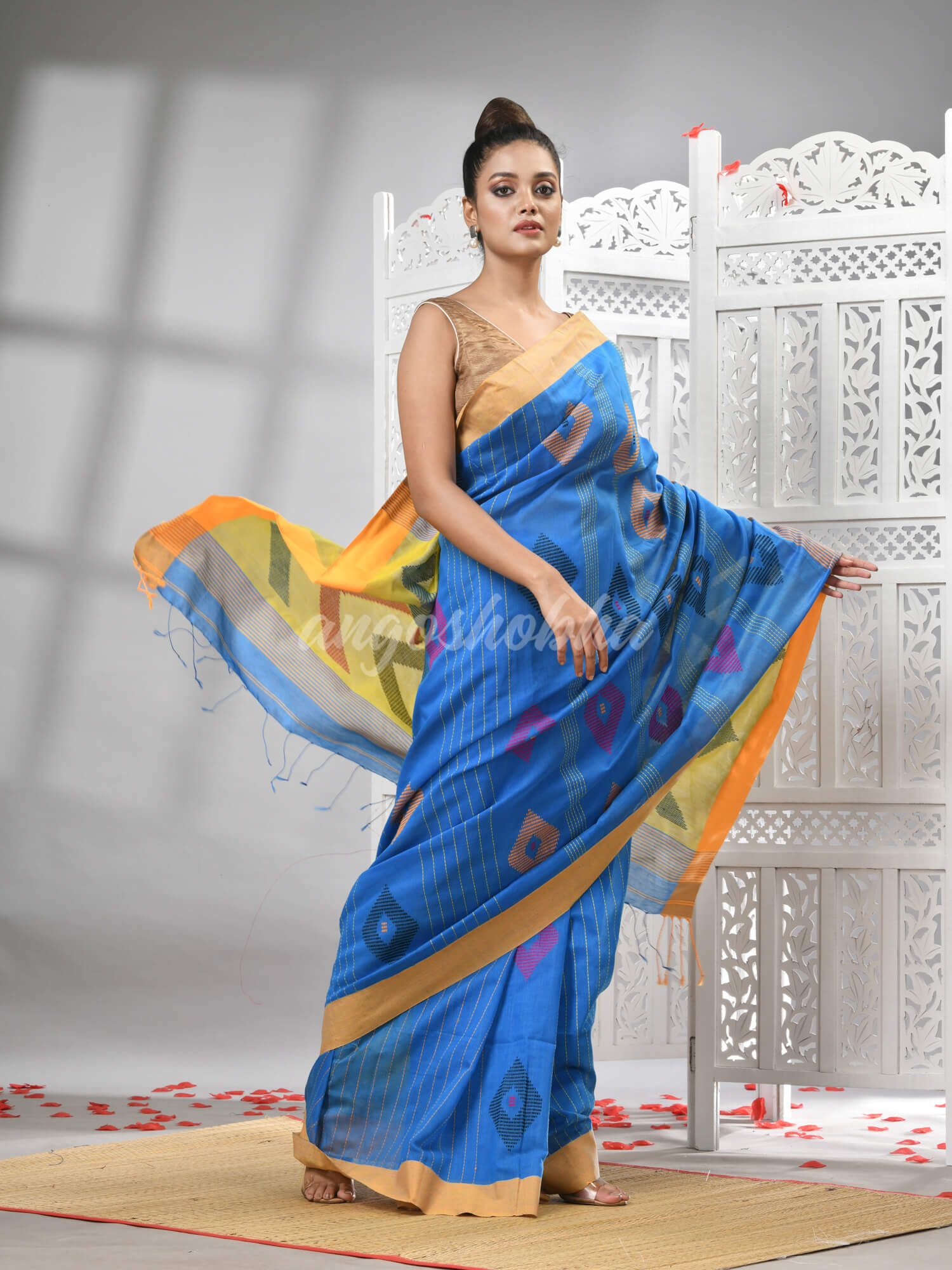 Sky Blue Cotton Blend All Body Motive With Yellow Pallu Handloom Saree