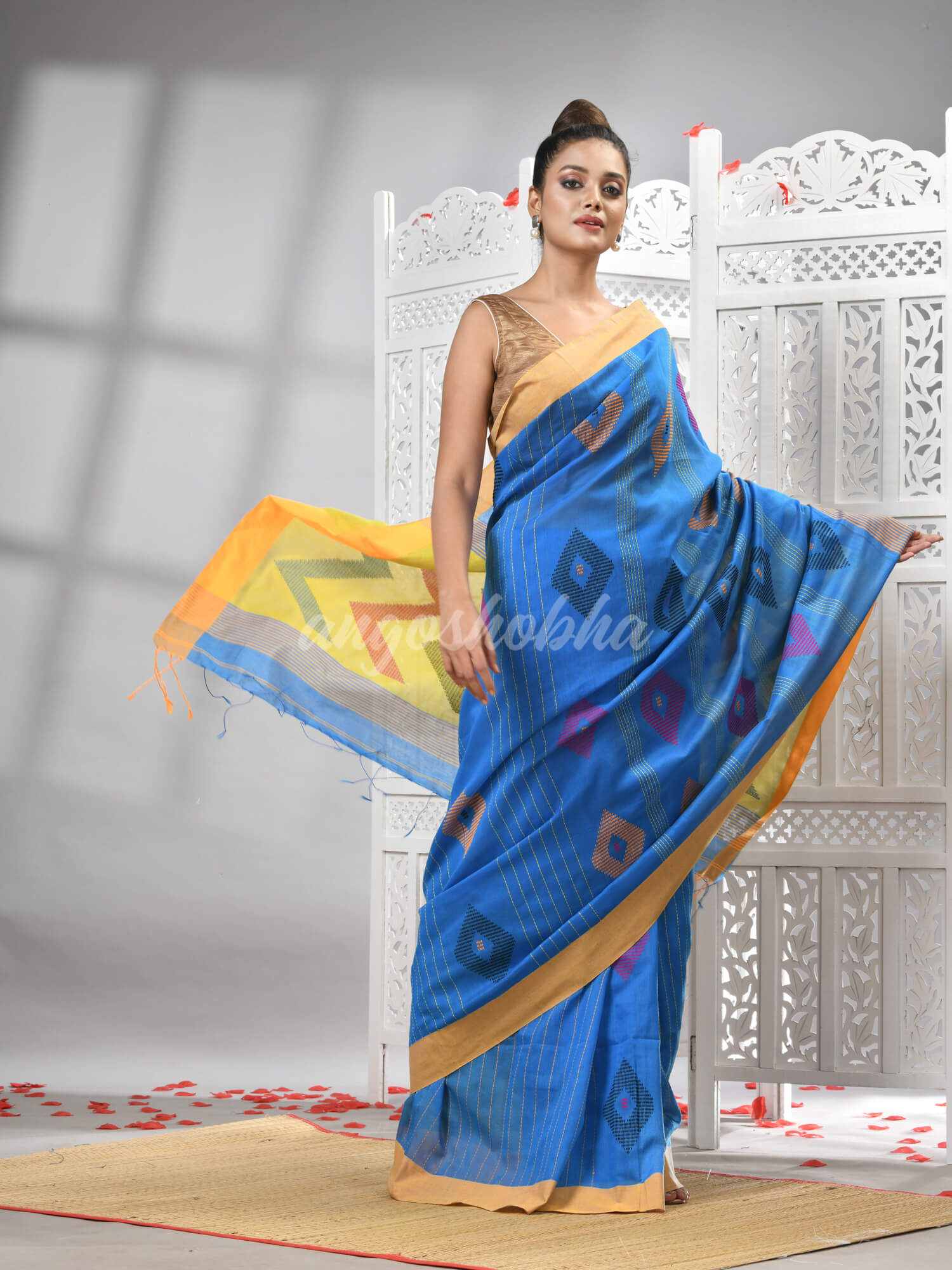 Sky Blue Cotton Blend All Body Motive With Yellow Pallu Handloom Saree