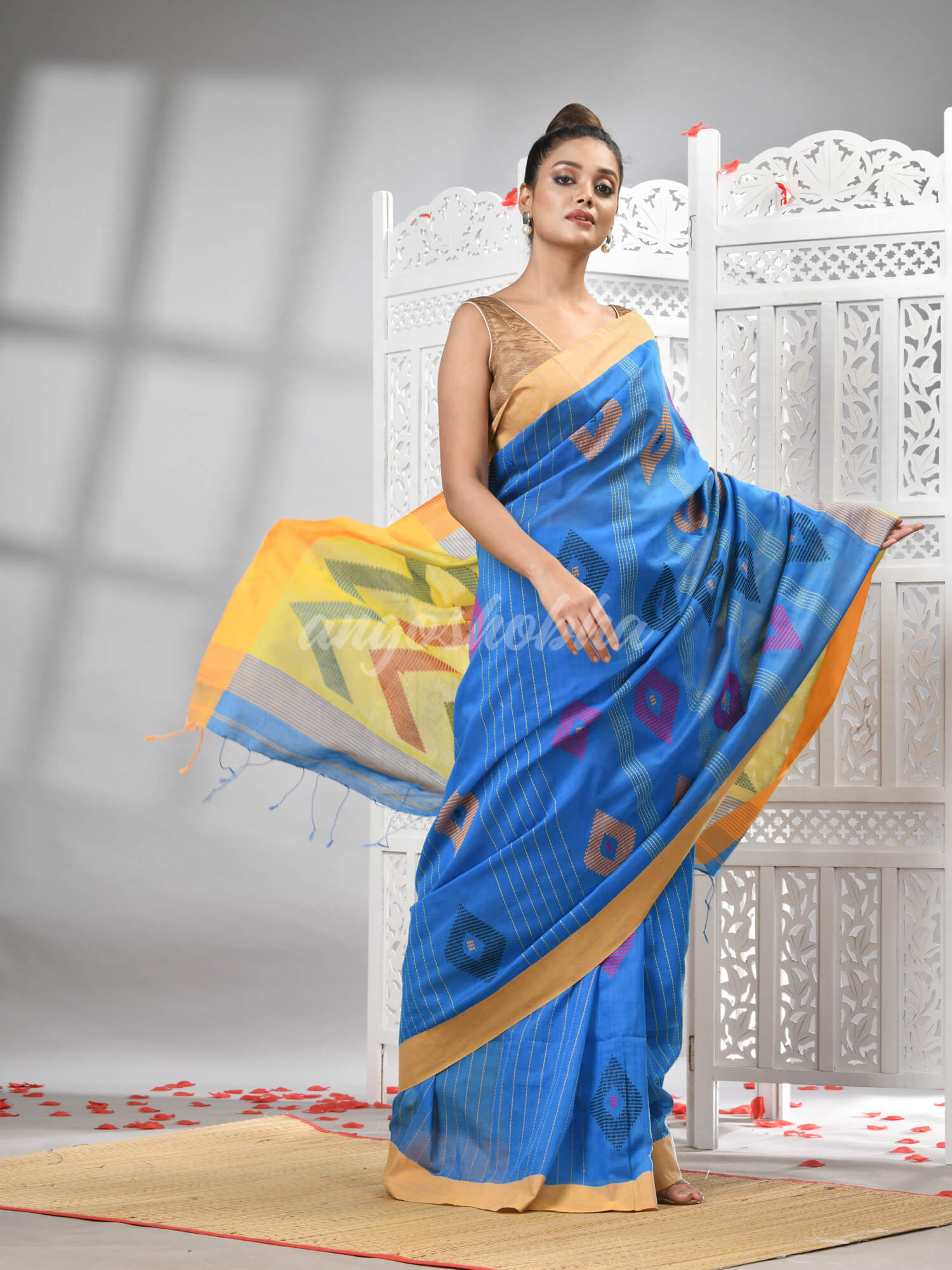 Sky Blue Cotton Blend All Body Motive With Yellow Pallu Handloom Saree