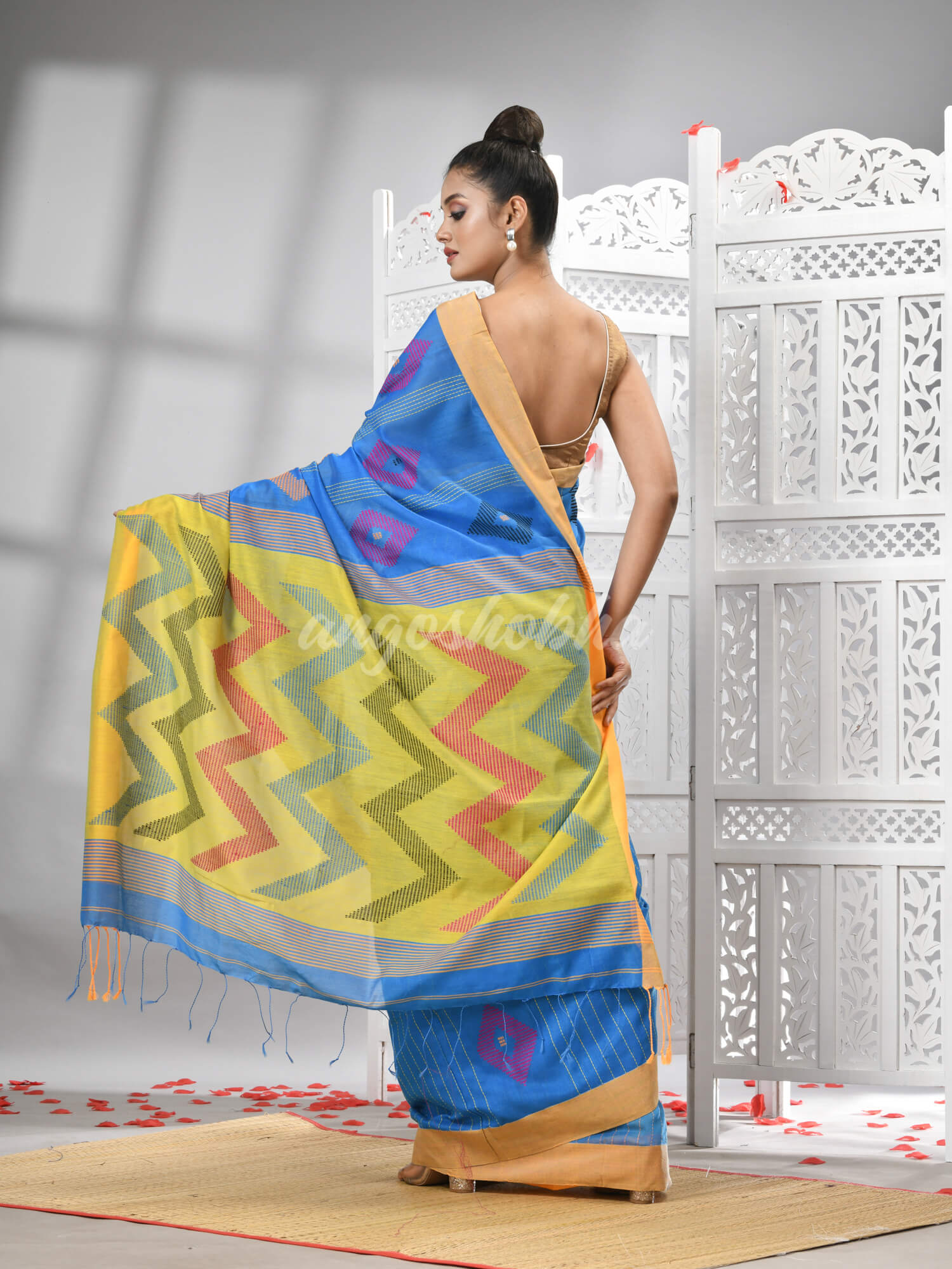 Sky Blue Cotton Blend All Body Motive With Yellow Pallu Handloom Saree