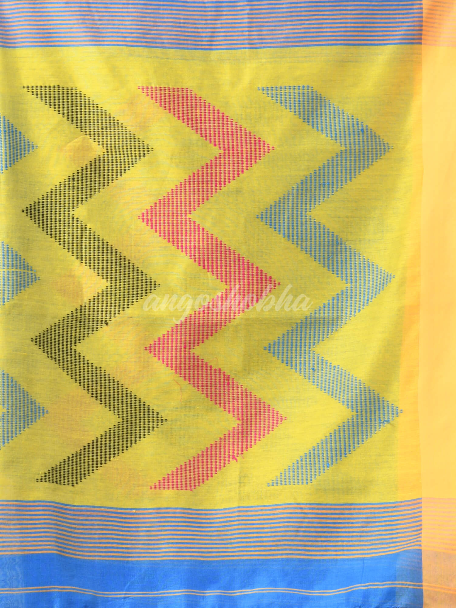 Sky Blue Cotton Blend All Body Motive With Yellow Pallu Handloom Saree