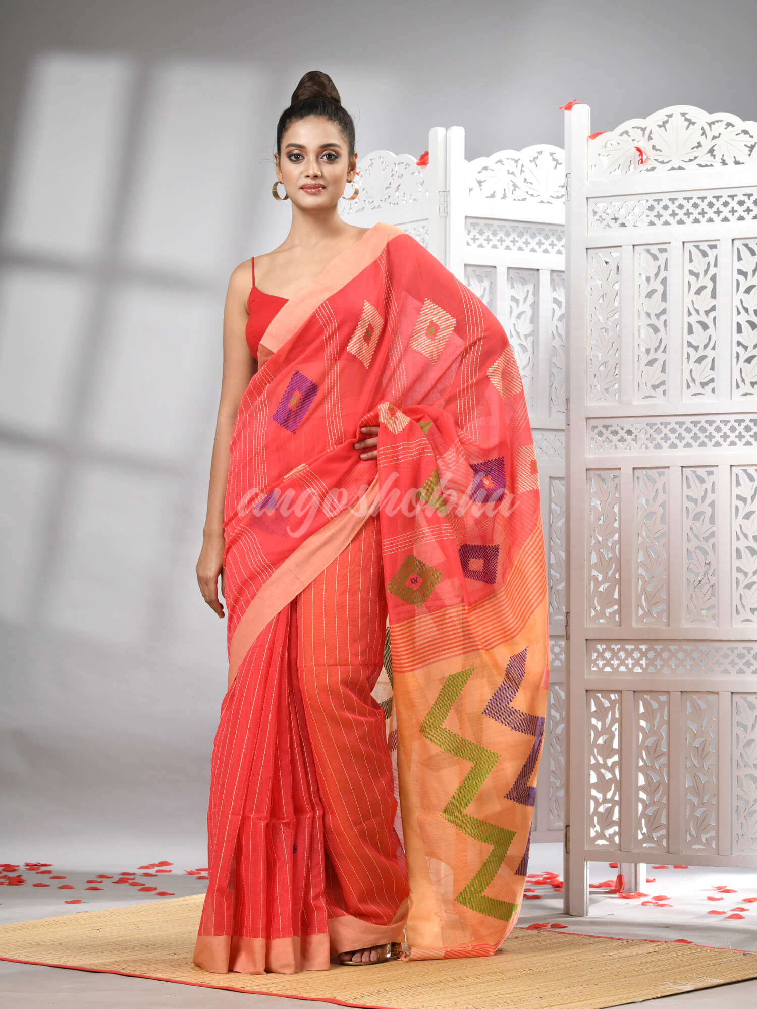 Orange Cotton Blend All Body Motive With Muga Pallu Handloom Saree