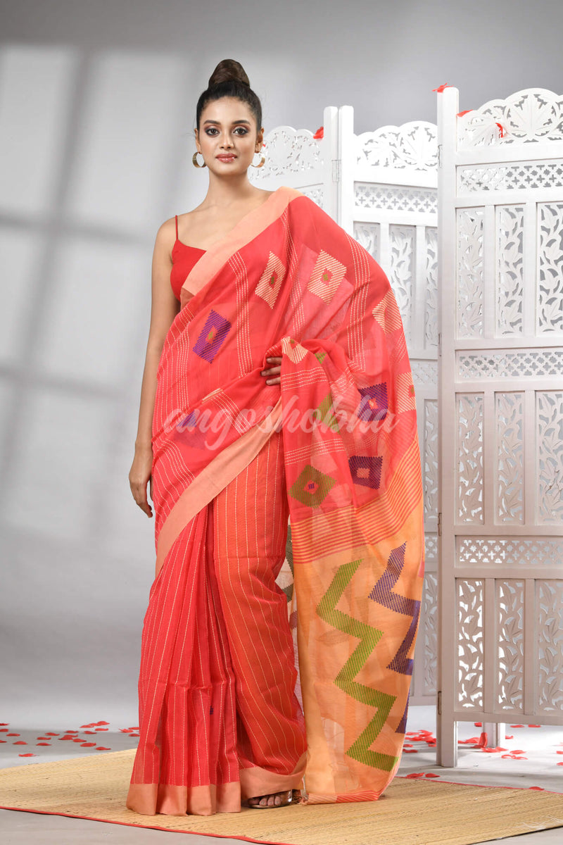 Orange Cotton Blend All Body Motive With Muga Pallu Handloom Saree