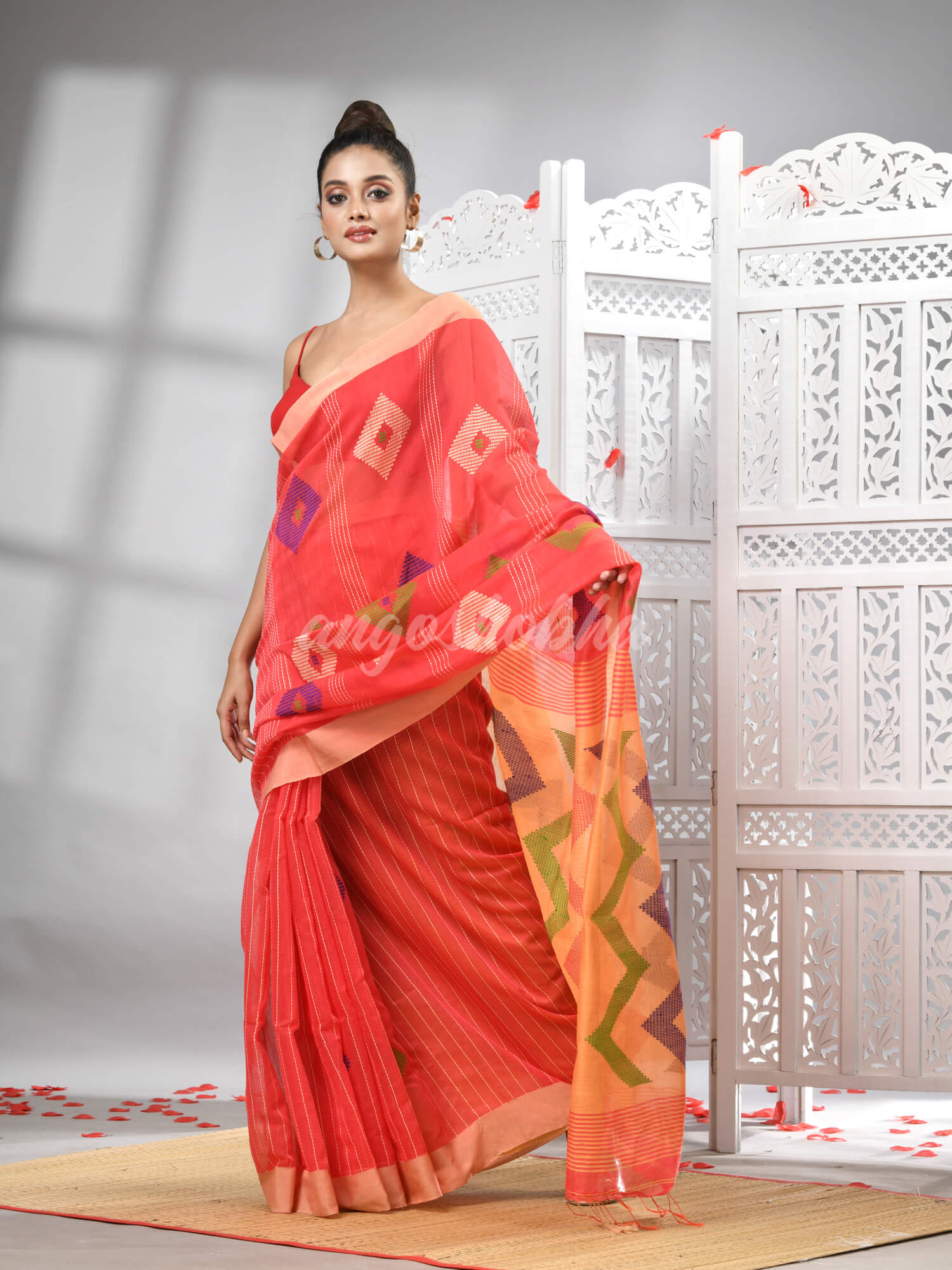 Orange Cotton Blend All Body Motive With Muga Pallu Handloom Saree