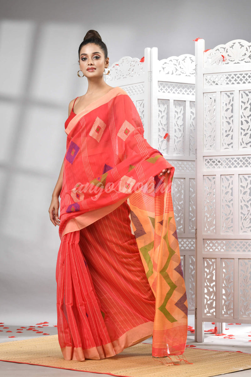 Orange Cotton Blend All Body Motive With Muga Pallu Handloom Saree