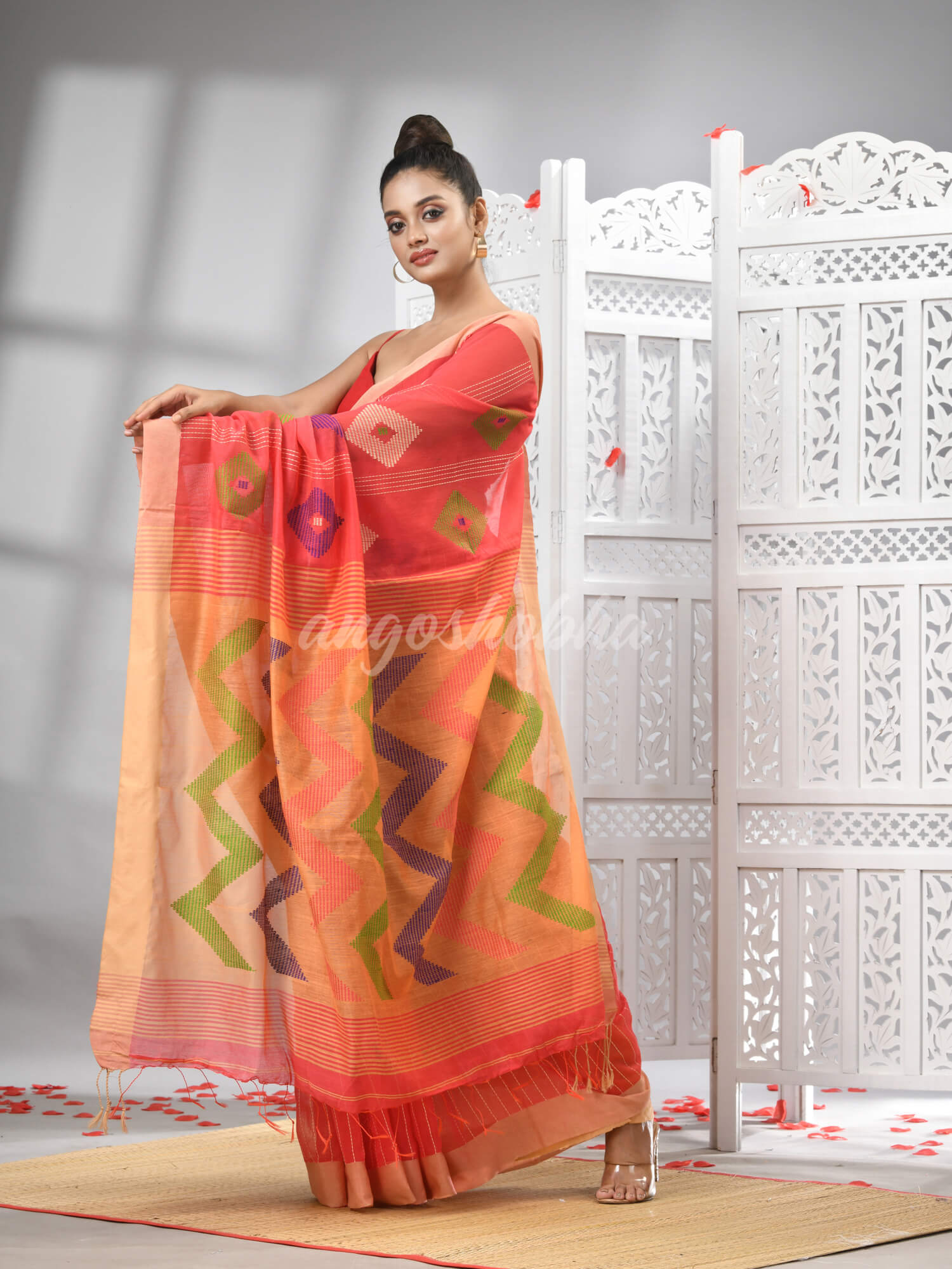Orange Cotton Blend All Body Motive With Muga Pallu Handloom Saree