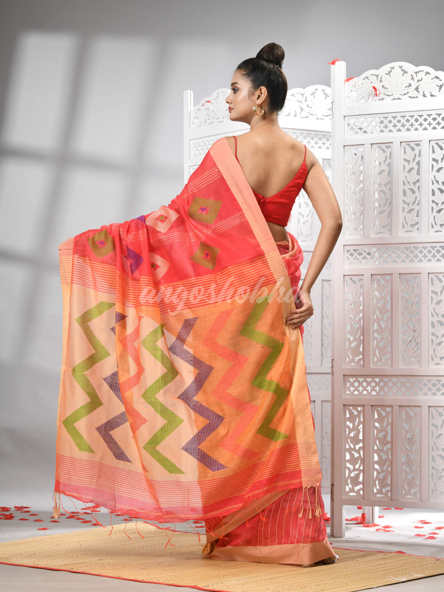 Orange Cotton Blend All Body Motive With Muga Pallu Handloom Saree