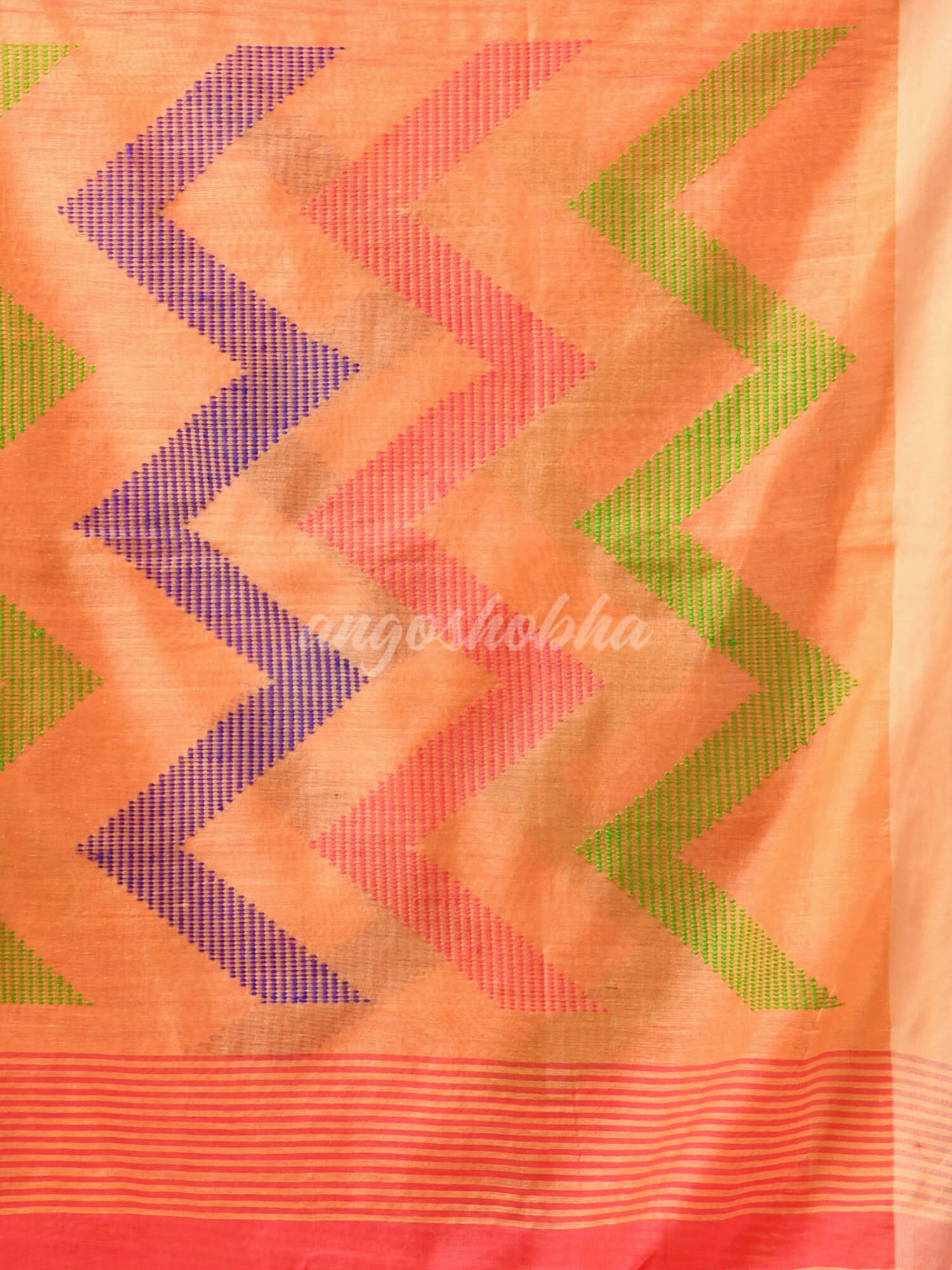 Orange Cotton Blend All Body Motive With Muga Pallu Handloom Saree