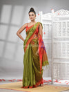 Pista Cotton Blend All Body Motive With Red Pallu Handloom Saree