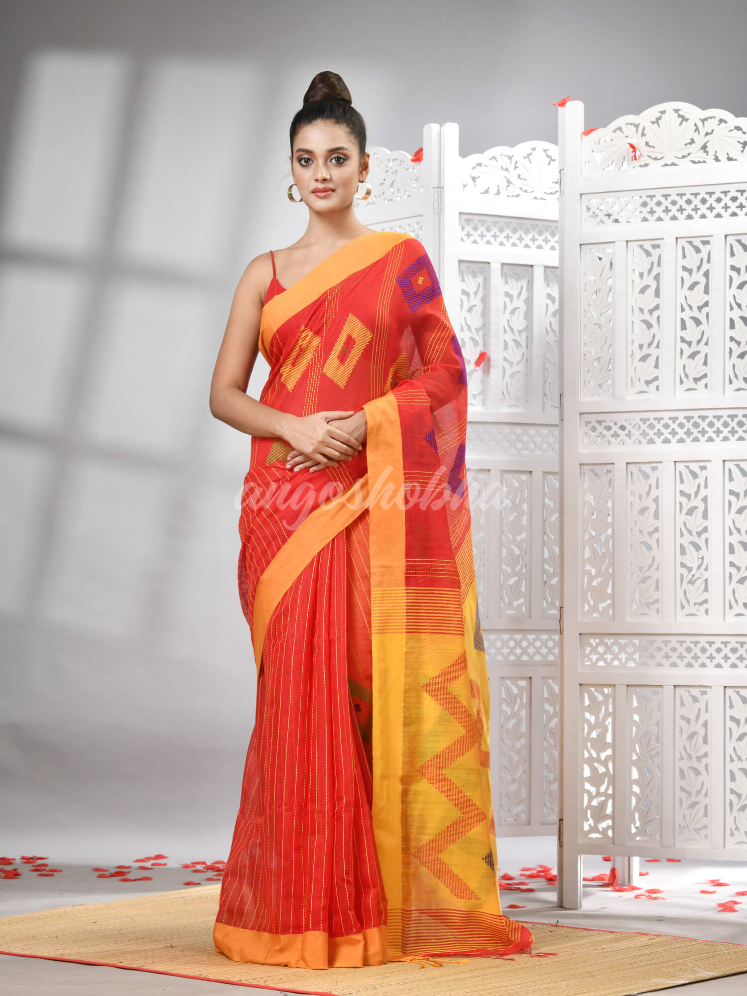 Red Cotton Blend All Body Motive With Yellow Pallu Handloom Saree