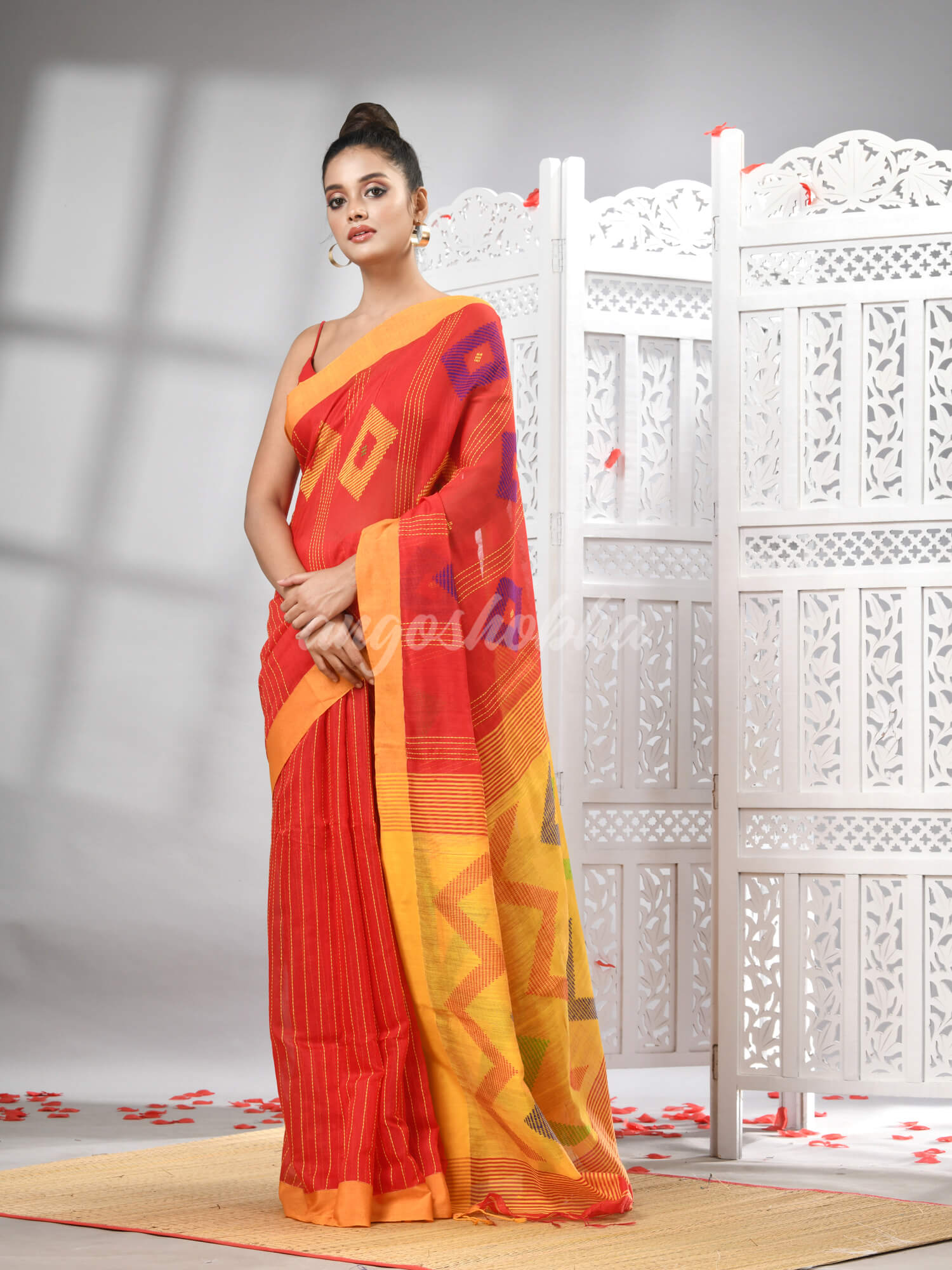 Red Cotton Blend All Body Motive With Yellow Pallu Handloom Saree