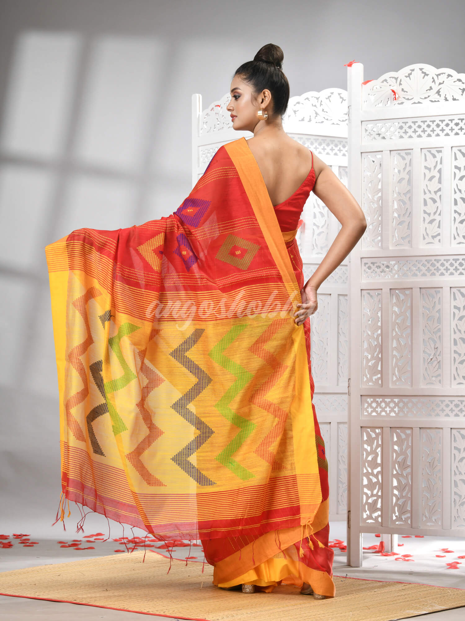 Red Cotton Blend All Body Motive With Yellow Pallu Handloom Saree