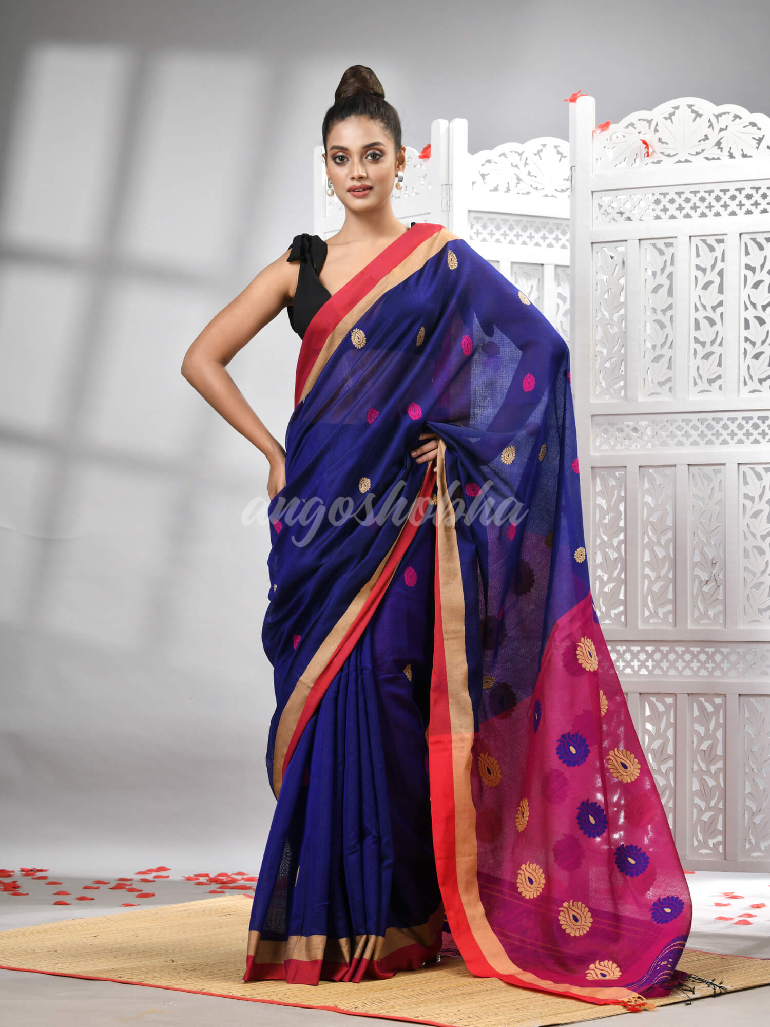 Blue Cotton Blend All Body Motive With Rani Pallu Handloom Saree