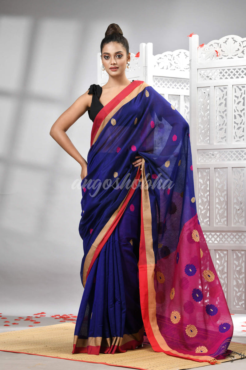 Blue Cotton Blend All Body Motive With Rani Pallu Handloom Saree