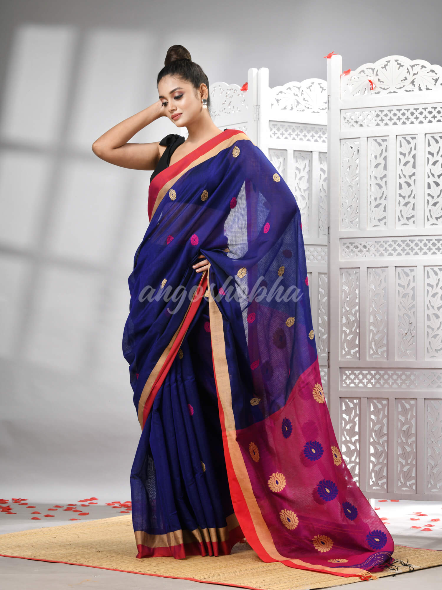 Blue Cotton Blend All Body Motive With Rani Pallu Handloom Saree