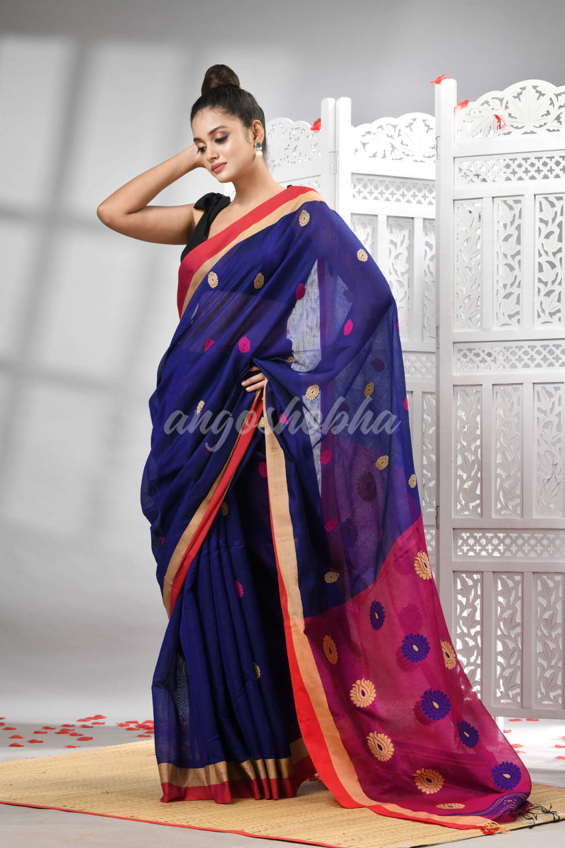 Blue Cotton Blend All Body Motive With Rani Pallu Handloom Saree