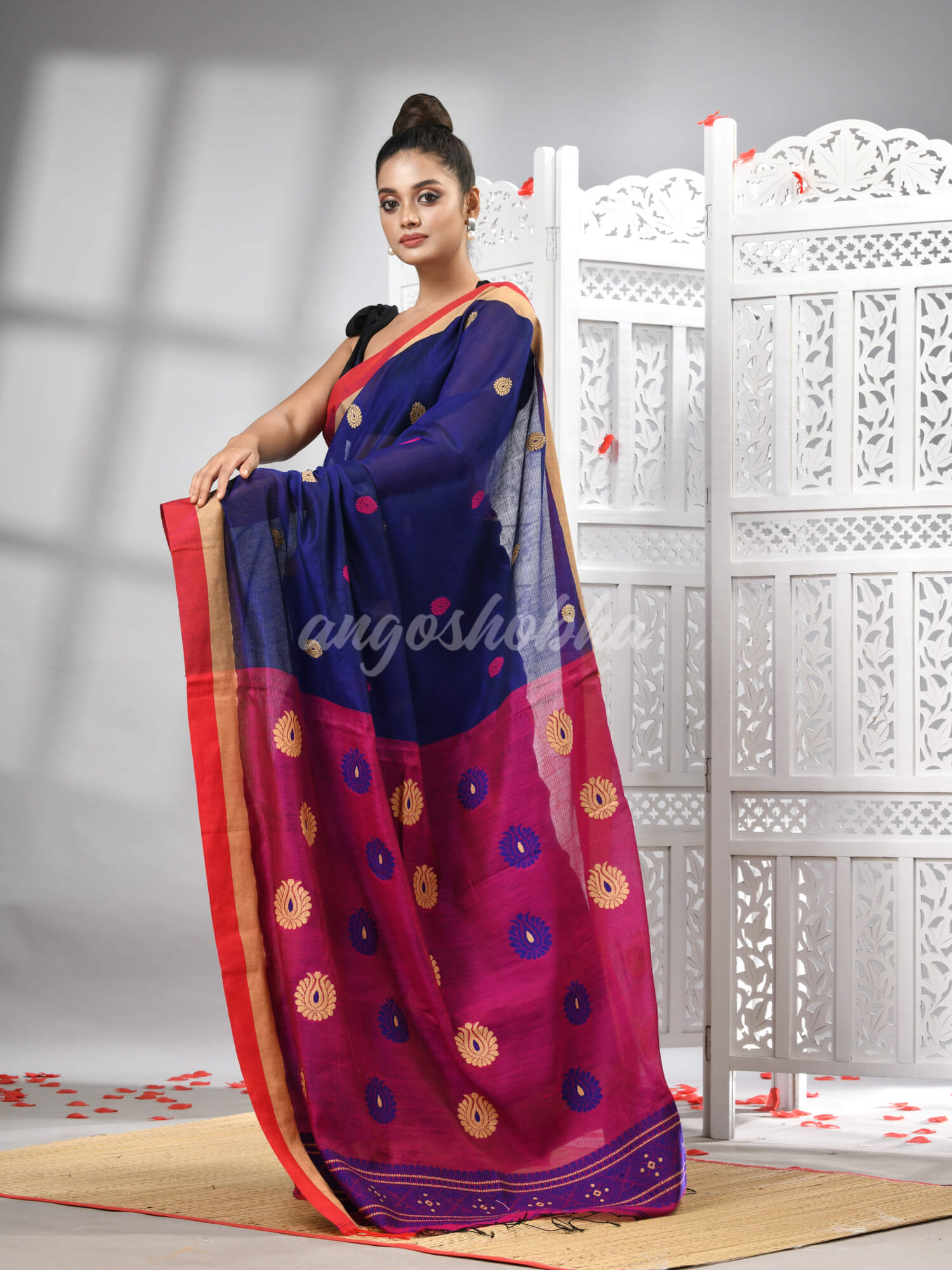 Blue Cotton Blend All Body Motive With Rani Pallu Handloom Saree