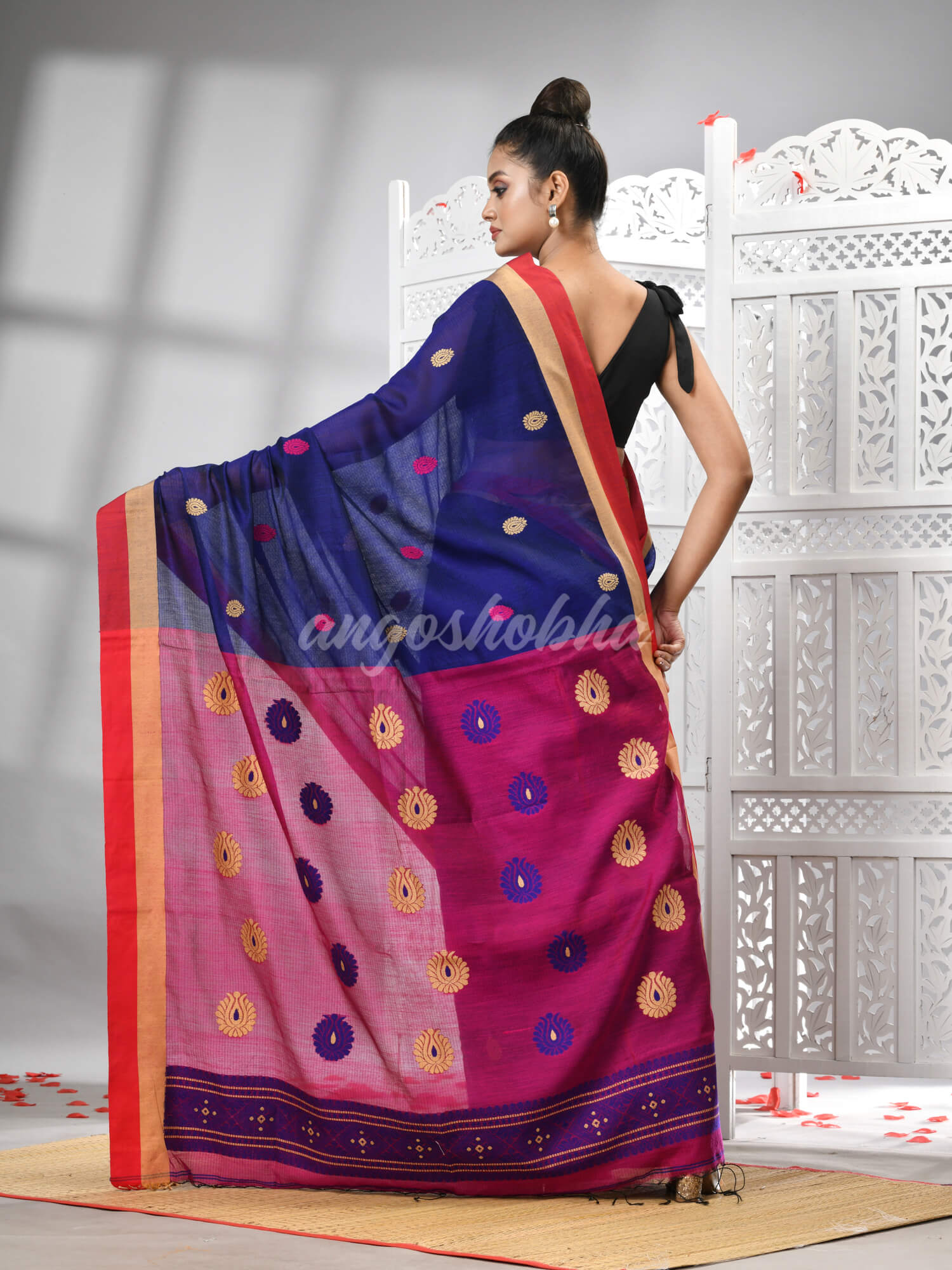Blue Cotton Blend All Body Motive With Rani Pallu Handloom Saree