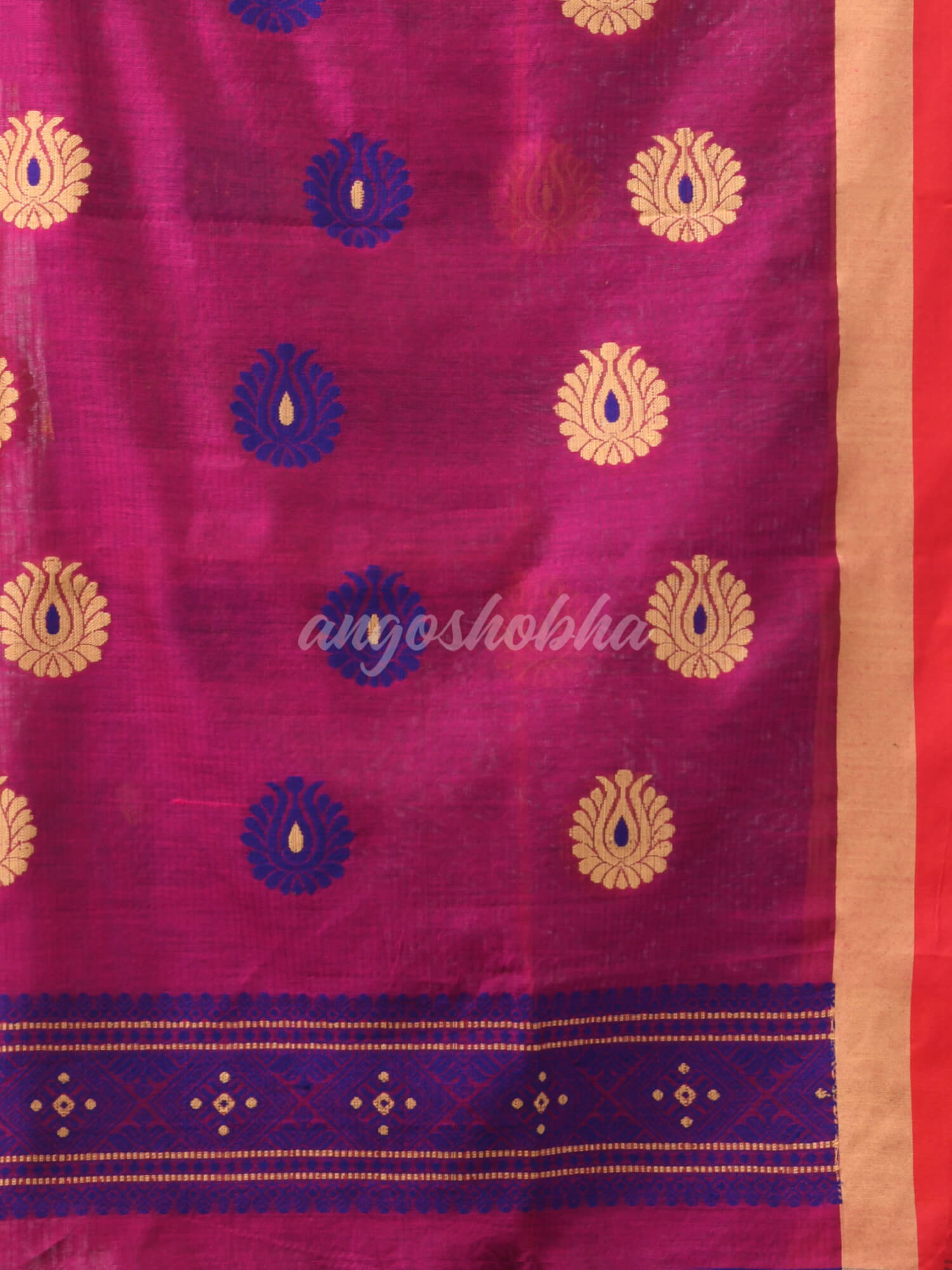 Blue Cotton Blend All Body Motive With Rani Pallu Handloom Saree