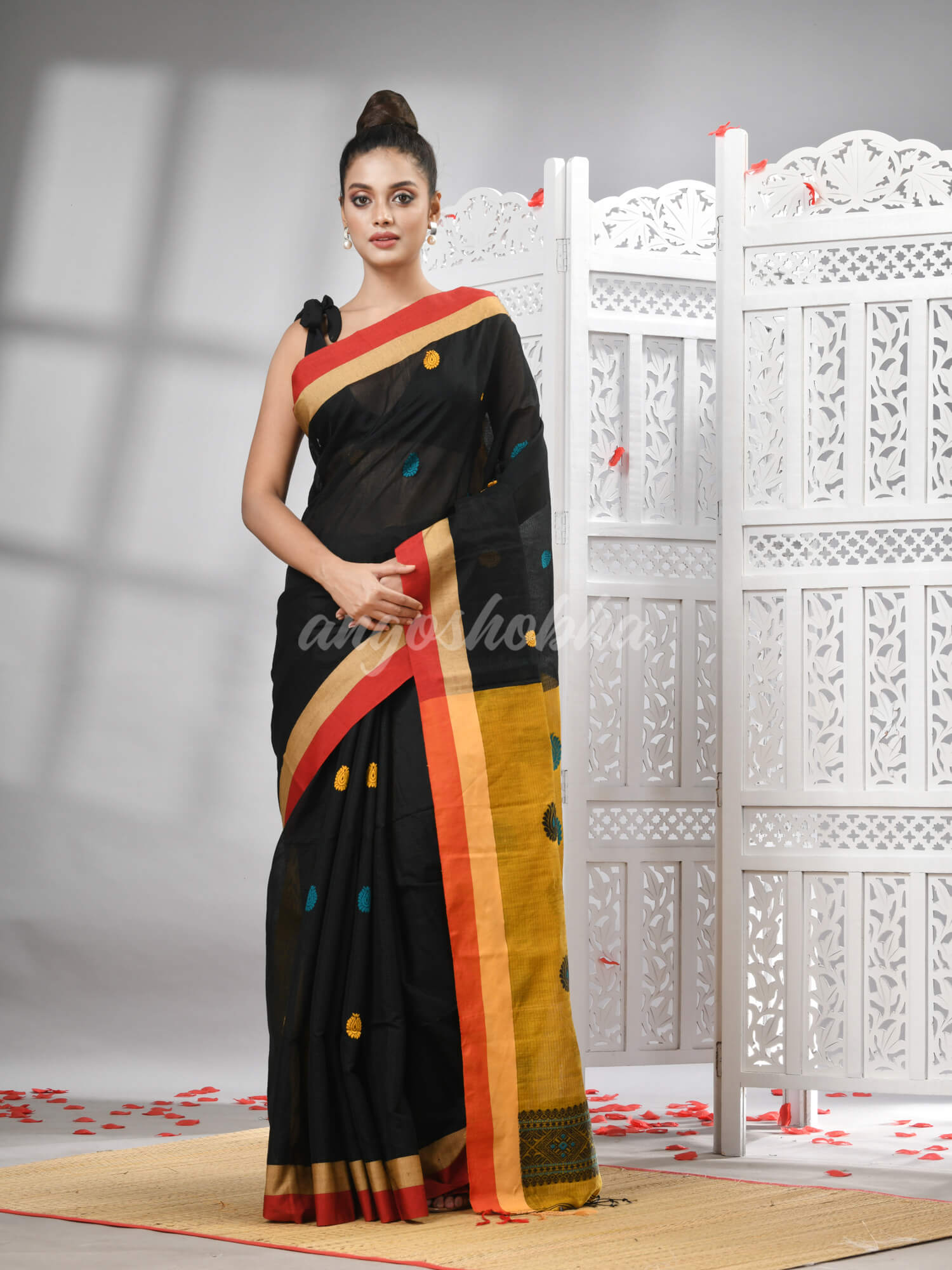 Black Cotton Blend All Body Motive With Yellow Pallu Handloom Saree