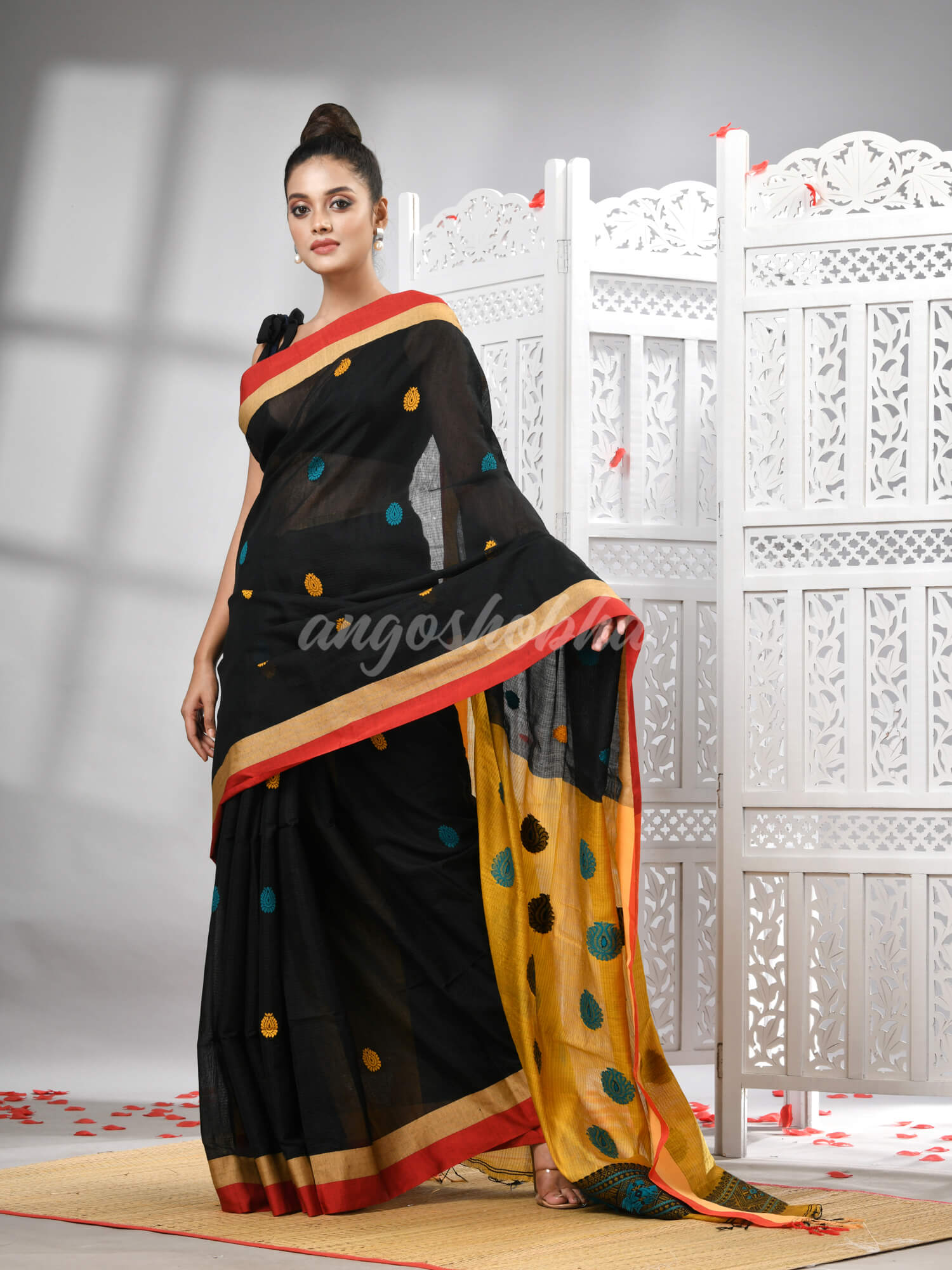 Black Cotton Blend All Body Motive With Yellow Pallu Handloom Saree