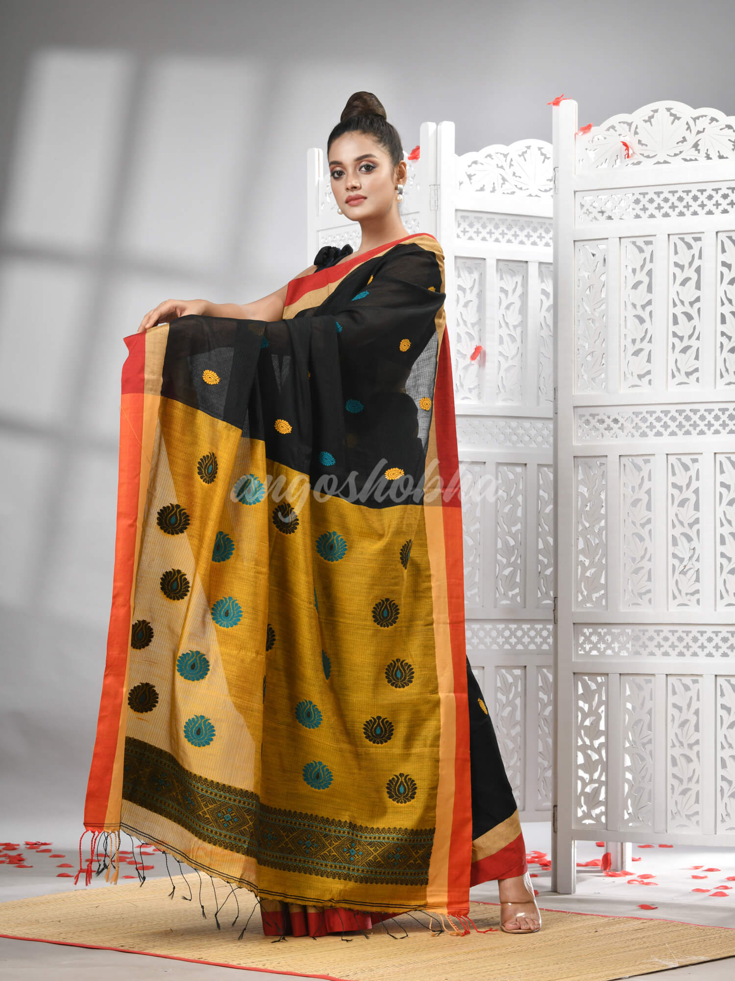 Black Cotton Blend All Body Motive With Yellow Pallu Handloom Saree
