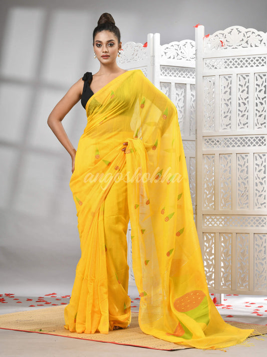 Yellow Cotton Blend All Body Motive Design Pallu Handloom Saree