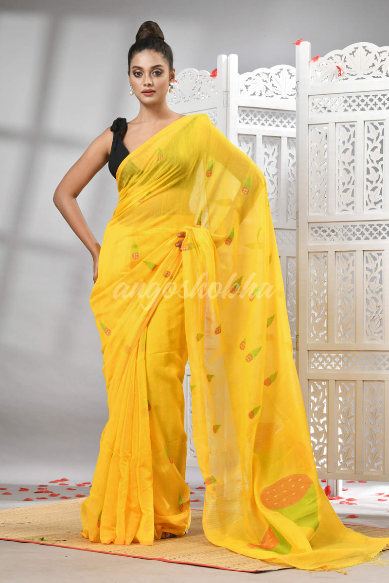 Yellow Cotton Blend All Body Motive Design Pallu Handloom Saree