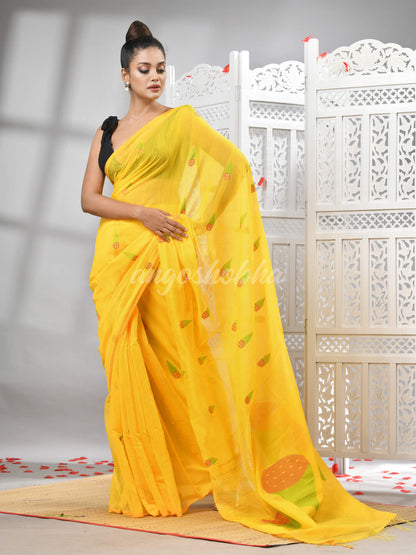 Yellow Cotton Blend All Body Motive Design Pallu Handloom Saree