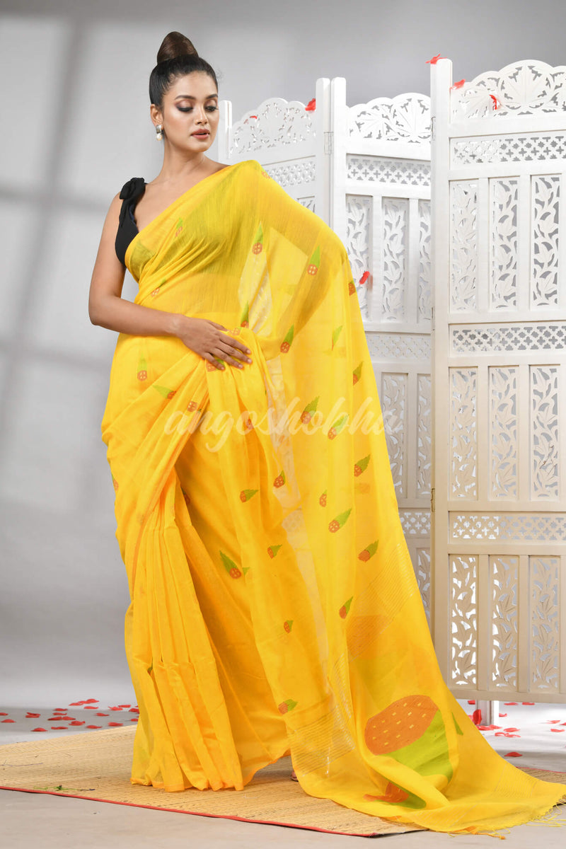 Yellow Cotton Blend All Body Motive Design Pallu Handloom Saree