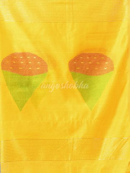 Yellow Cotton Blend All Body Motive Design Pallu Handloom Saree