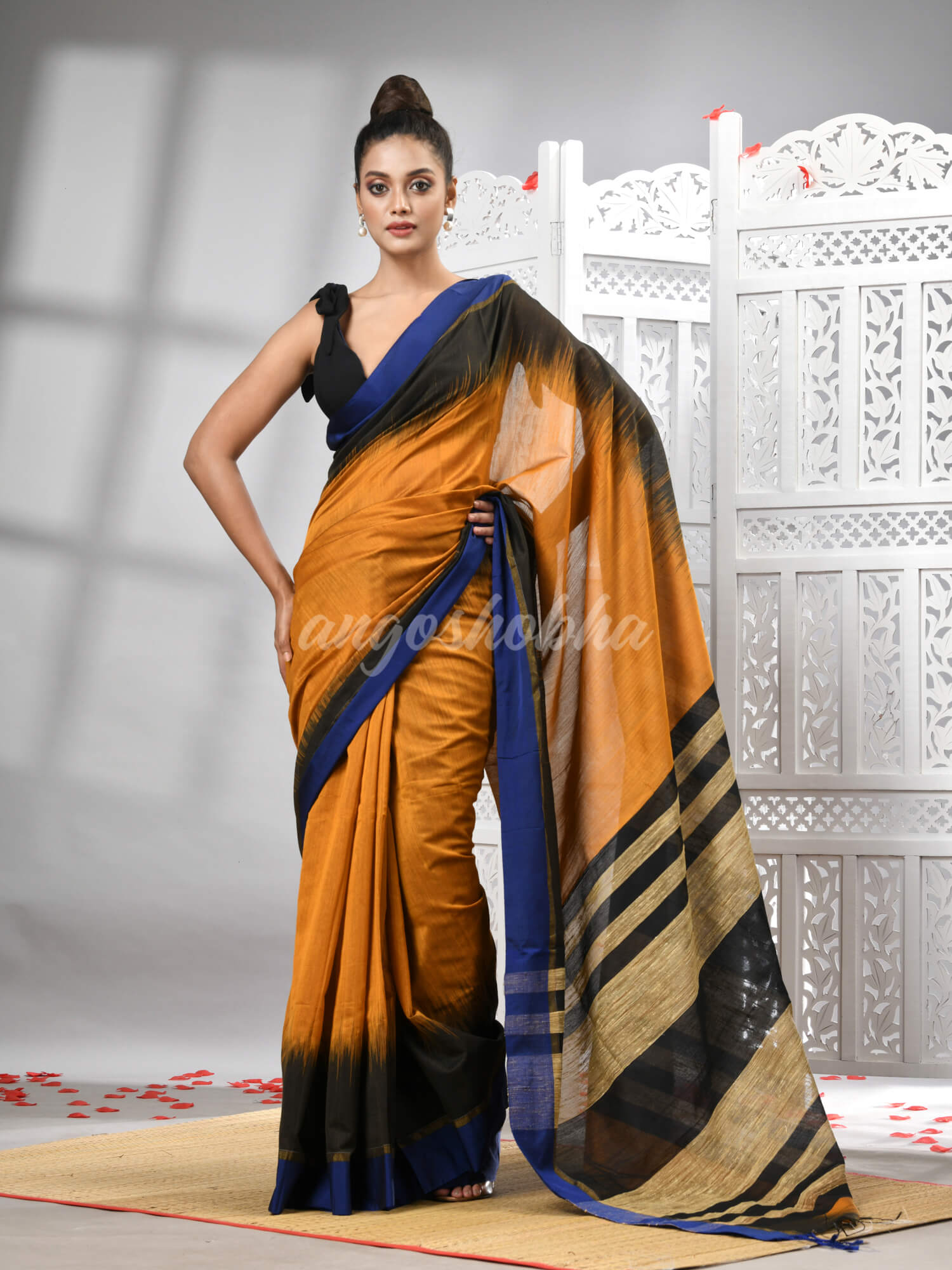 Mustard Cotton Blend Solid Body With Ghicha Pallu Handloom Saree