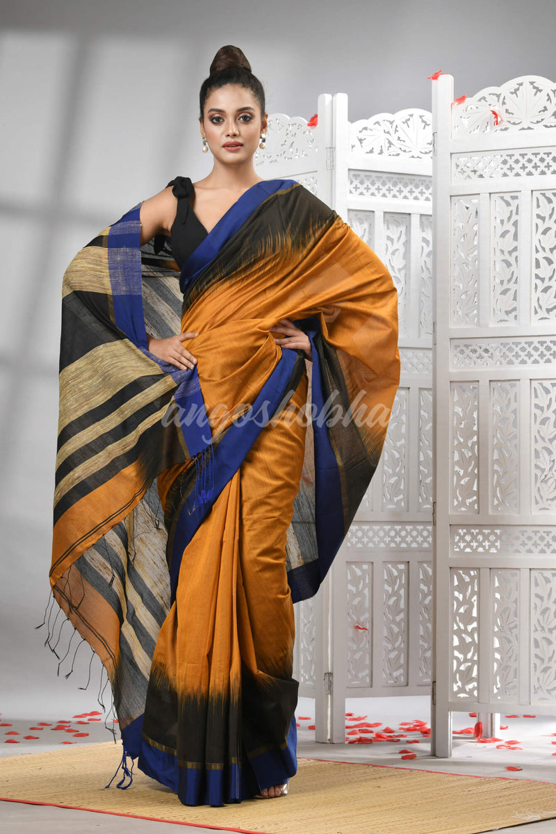 Mustard Cotton Blend Solid Body With Ghicha Pallu Handloom Saree
