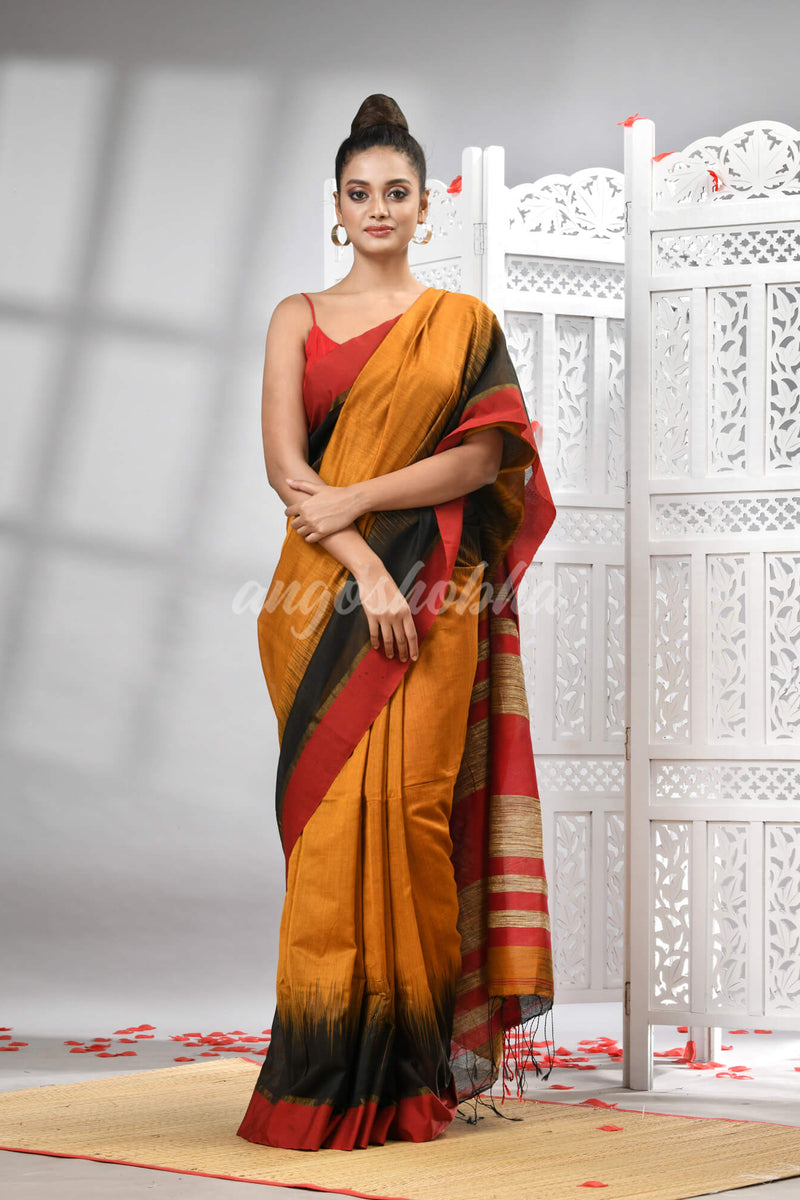 Mustard Cotton Blend Solid Body With Ghicha Pallu Handloom Saree