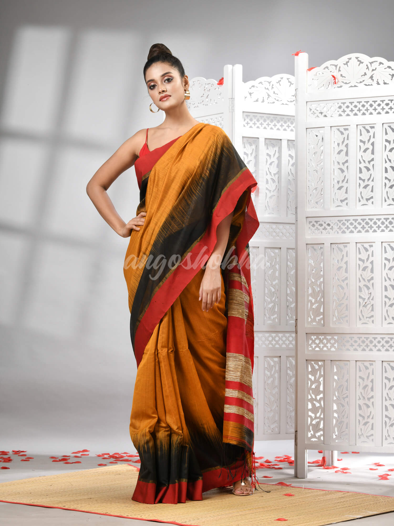 Mustard Cotton Blend Solid Body With Ghicha Pallu Handloom Saree