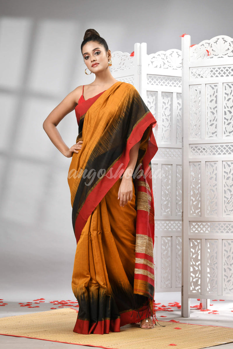 Mustard Cotton Blend Solid Body With Ghicha Pallu Handloom Saree
