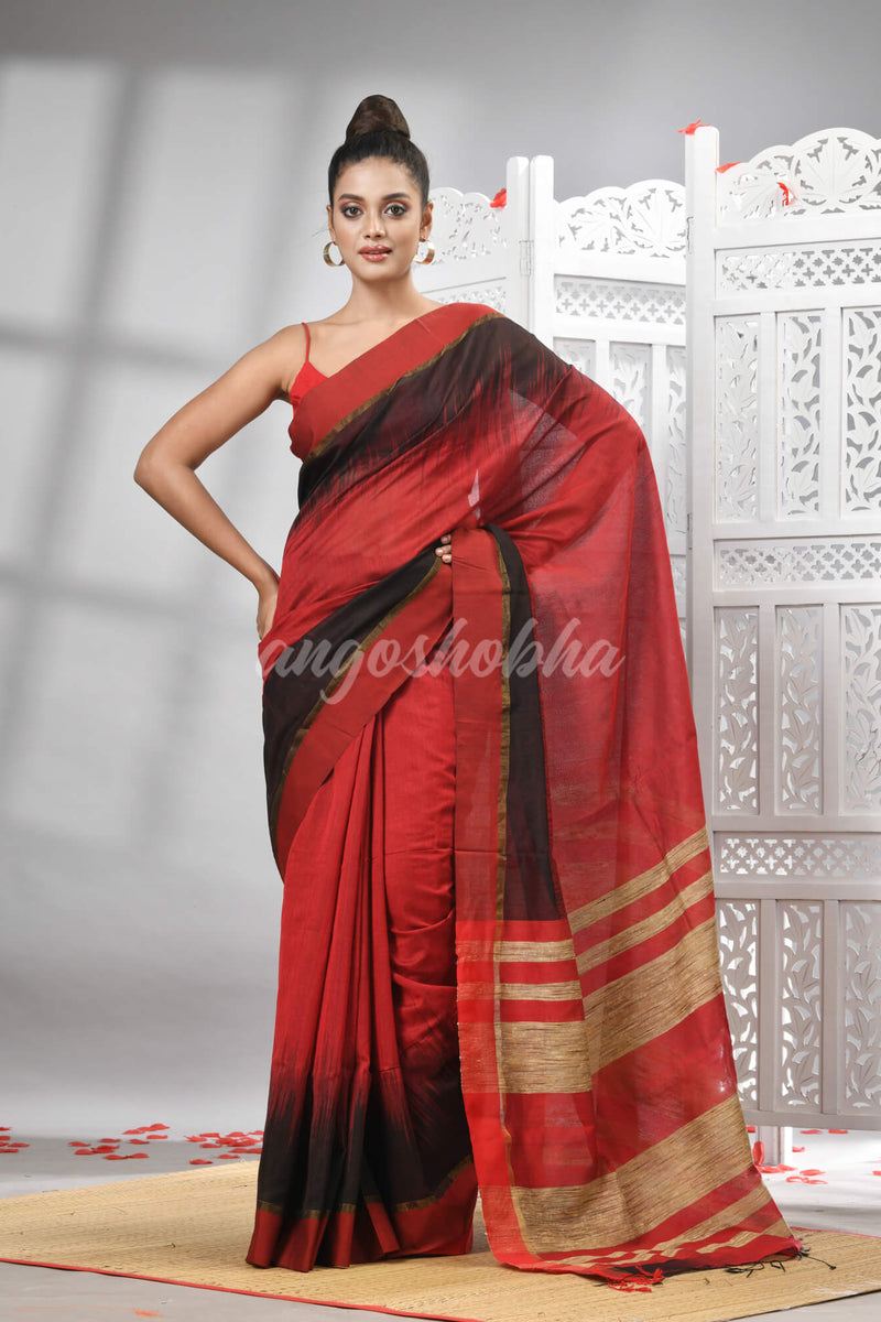 Maroon Cotton Blend Solid Body With Ghicha Pallu Handloom Saree