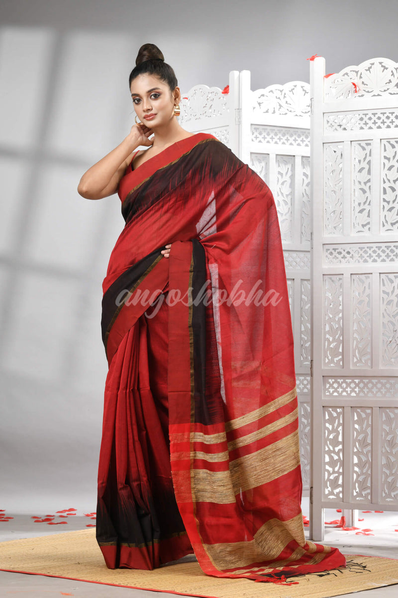 Maroon Cotton Blend Solid Body With Ghicha Pallu Handloom Saree