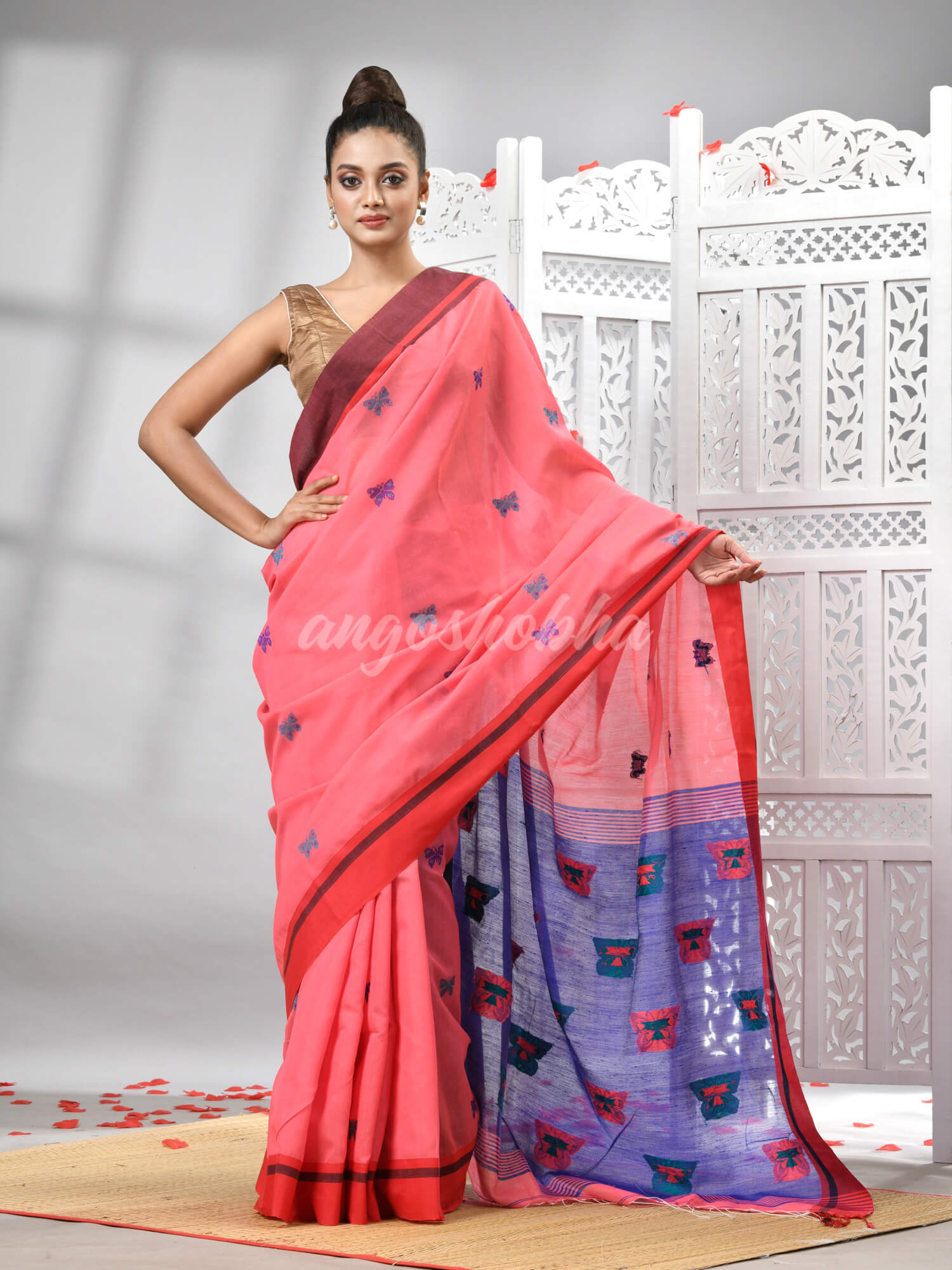 Pink Cotton Blend All Body Motive With Blue Pallu Handloom Saree