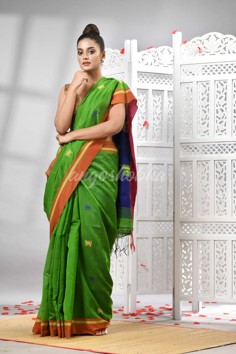 Green Cotton Blend All Body Motive With Blue Pallu Handloom Saree