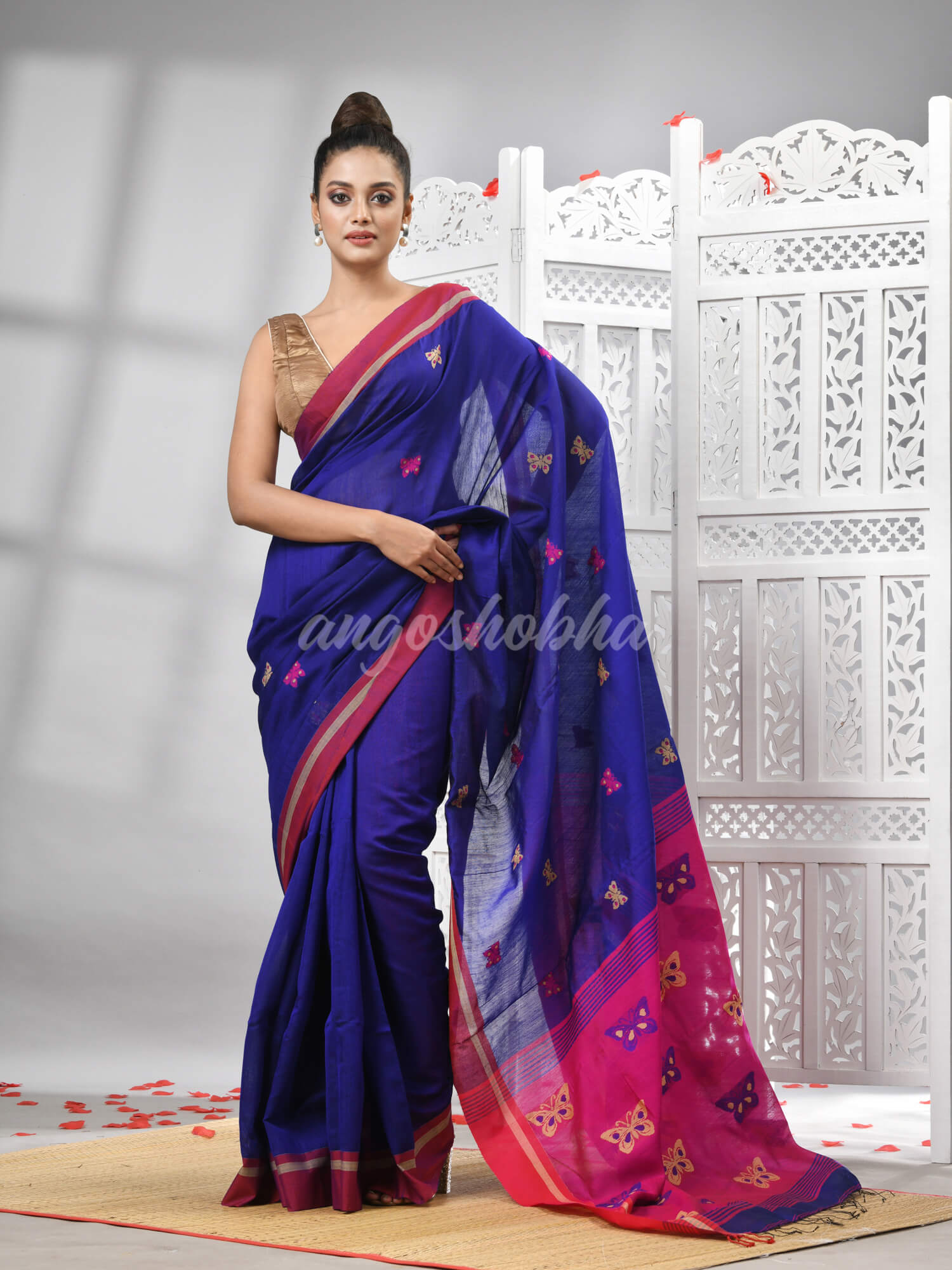 Blue Cotton Blend All Body Motive With Rani Pallu Handloom Saree