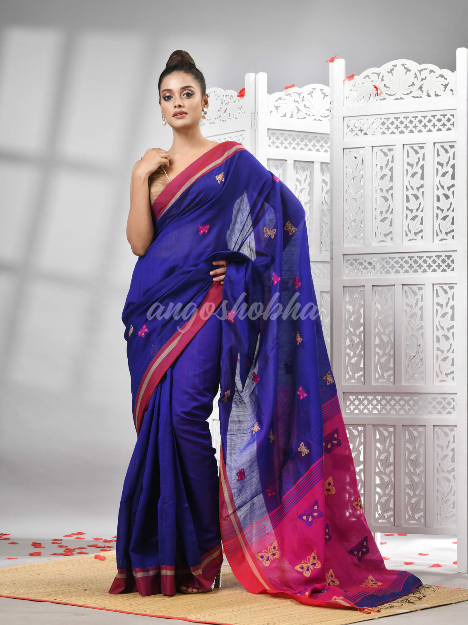Blue Cotton Blend All Body Motive With Rani Pallu Handloom Saree