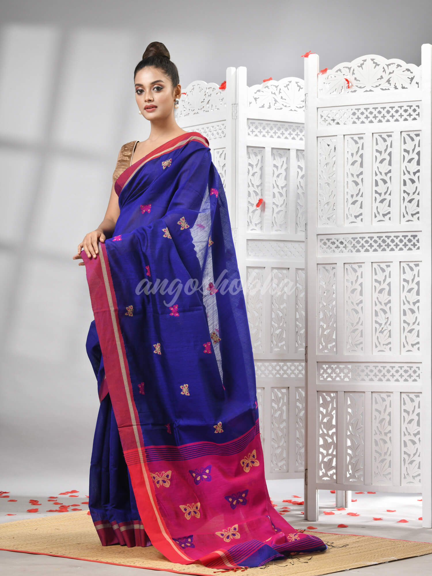 Blue Cotton Blend All Body Motive With Rani Pallu Handloom Saree